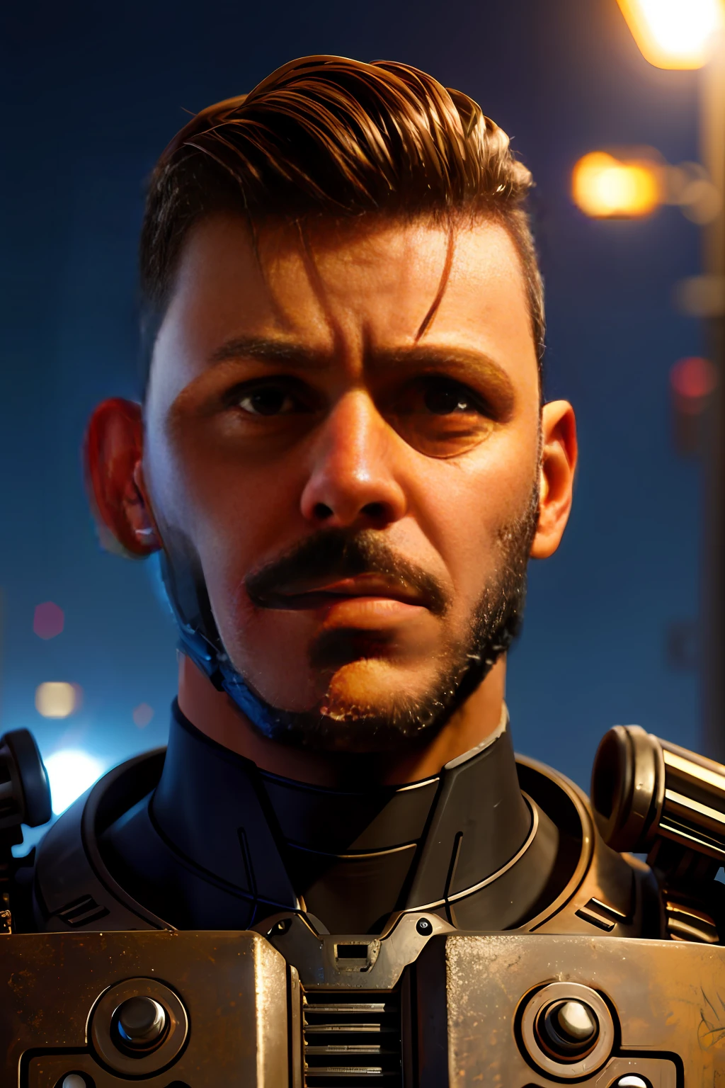 close up Portrait photo of muscular guy in a worn mech suit, ((light bokeh)), intricate, (steel metal [rust]), elegant, sharp focus, photo by greg rutkowski, soft lighting, vibrant colors, masterpiece, ((streets)), detailed face
