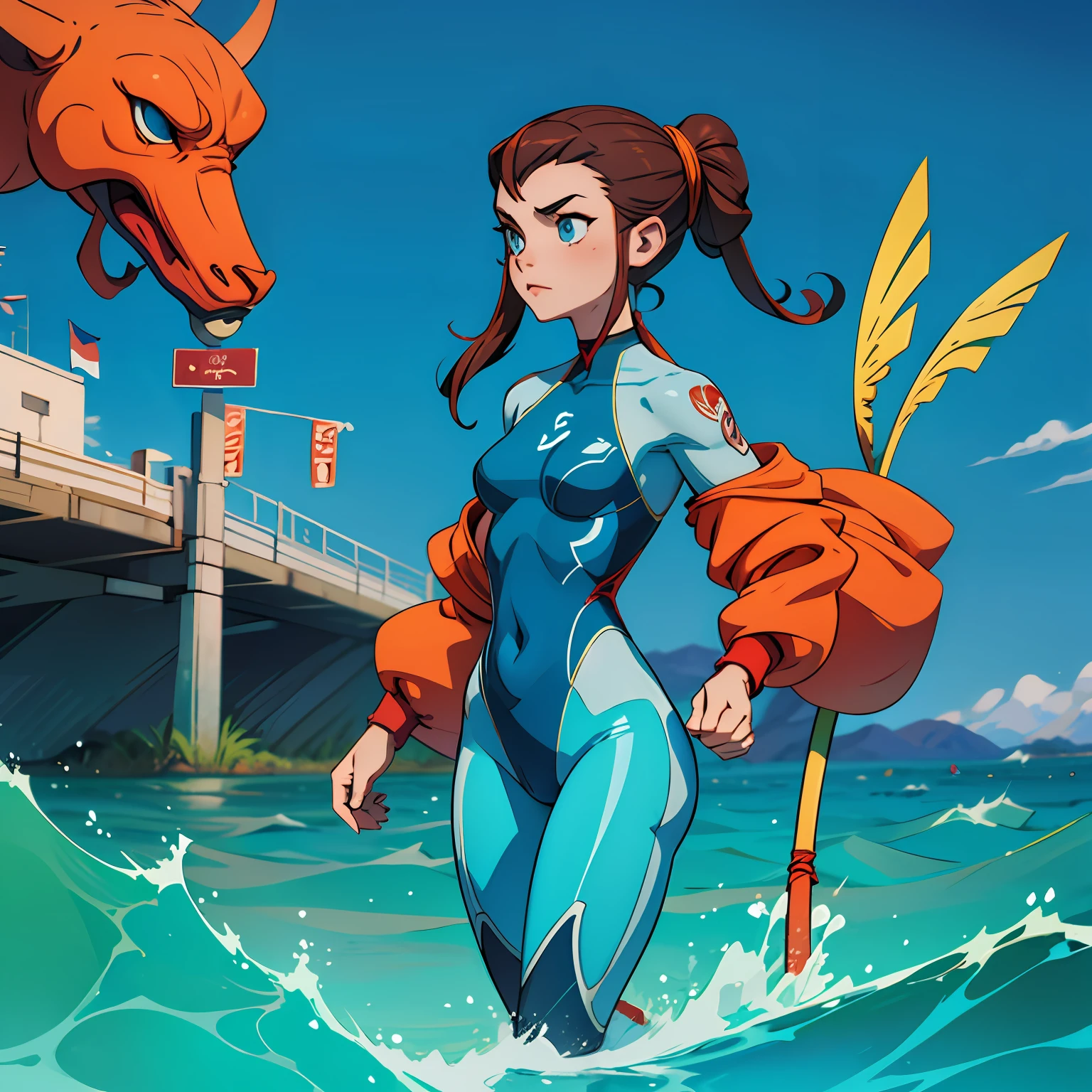 "Katara, personagem de Avatar A Lenda de Aang, wearing a swimsuit glued to the body with plugsuit style." --auto