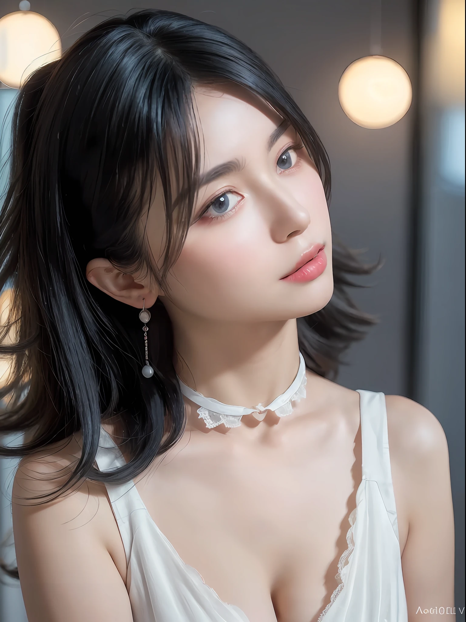 (8k, RAW photo, best quality, masterpiece: 1.45), (realistic, photorealistic: 1.37), one girl, cute, cityscape, night, rain, wet, professional lighting, photons mapping, radiosity, physically based rendering, gradient black hair, gray hair, short curly hair, handsome, girl, lace(((Deep V-neckline)))slip dress, top quality photo, high res, 1080p, (clear face), (detailed face description), (detailed hand description), (masterpiece), (exquisite CG), extreme light and shadow, disheveled hair, master work, rich details, (fine facial features), (highest quality photo), (masterpiece), (detailed eyes), look in front of you eyes, fine clavicle, ((big breasts, huge areola)),(((areola_slip))),((puffy areolae)),((sideboob)),(underboob),(((collar))),earrings,cleavage,