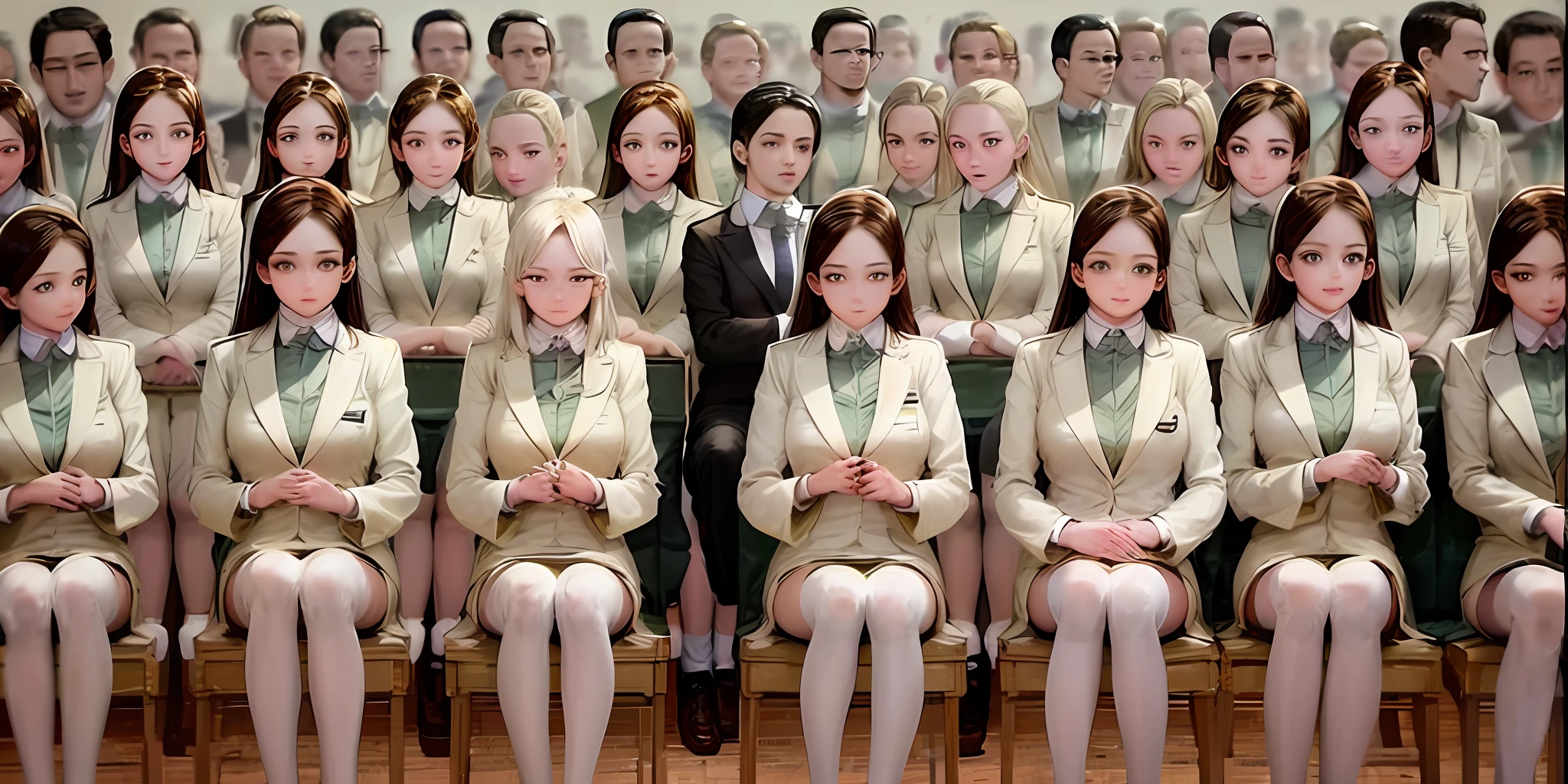 ((Masterpiece, highres)), ((thousands of, crowd of)), girls, group, clones, (( brown haired girls, blonde girls)), long hair, curly hair, matching hairstyles, different hair color, confident, elegant, rich girls, emotionless, arms at sides, straight backs, (((matching outfits, identical outfits, yellow school uniforms, sexy school uniforms, yellow blazer, yellow short skirt, white thighhighs, long white socks, black high heels))), standing at attention, shoulder to shoulder, same pose, sisters in neat rows, many rows, crowd shot