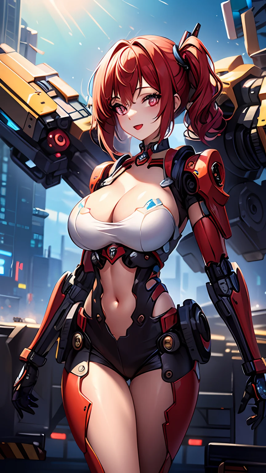 Harley Quinn ((masterpiece, best quality)),illustration,ultra detailed 8k,photorealistic,sharp focus,highly detailed,professional lighting,colorful details,iridescent colors BREAK extreme long shot of a factory,large mechanical robot construction,microchip,computer,glowing,intricate details,shitu-mecha,1girl is standing in front of the audience,Navel