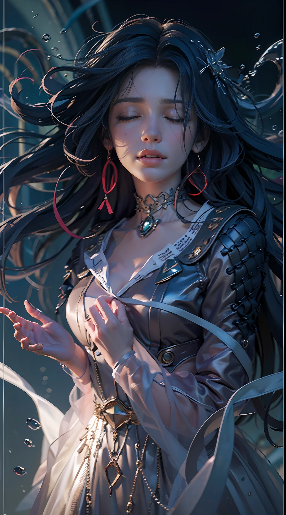 1 girl, solo, Wrap your hands around your chest, full bodyesbian, Hair covers the chest and lower body, No dressing, abyssal, dark blue hair, curly hair, ribbon, closed eyes, parted lips, expressionless, curtained hair, hair over shoulder, Romanticism, god rays, vignetting, partially underwater shot, emphasis lines, vanishing point, from below, masterpiece, anatomically correct, super detail, high details, high quality, best quality, 8k