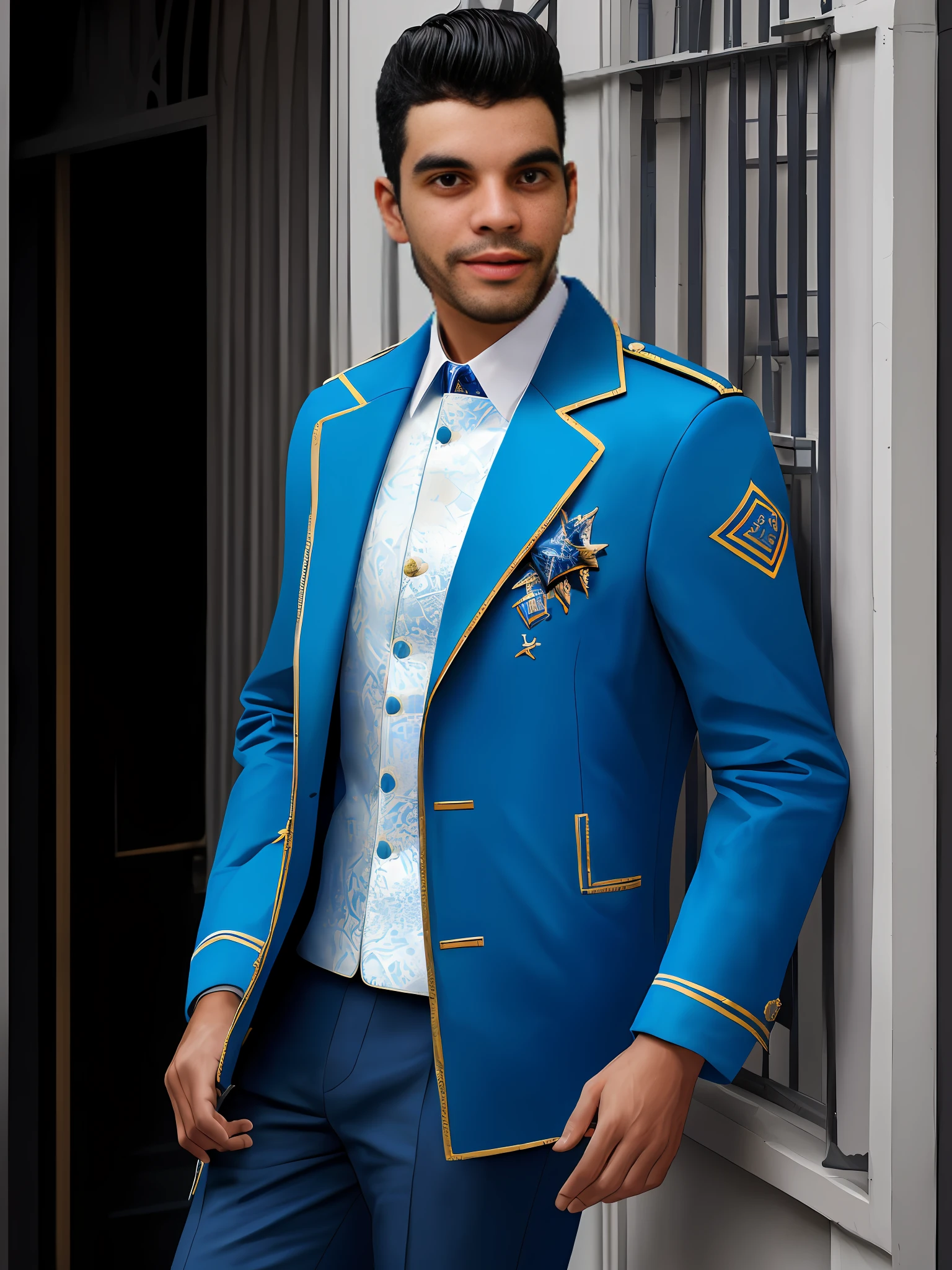 Man in blue jacket in front of a building, 6k resolution, roupas de couro, jaqueta bomber de couro, roupas de couro, Mais vendidos, usando uma jaqueta de couro, incrivelmente realista,homem com uma camisa branca e uma jaqueta azul, icaro carvalho, caio santos, imagem frontal, david rios ferreira, edu souza, Directed by: Nandor Soldier, Foto realista, mateus, Henry Alvim Correa, (34 anos), arte digital,Carmelo Blandino, Alejandro, Jaqueta azul, vestindo uma jaqueta bomber, Casual inteligente, couro, roupa de couro azul-marinho apertado, extremely realistic, altamente realista, sorriso discreto, homem, vestindo jaqueta azul, 4k, excelente qualidade , imagem detalhado, artstation, 6K resolution plus HD