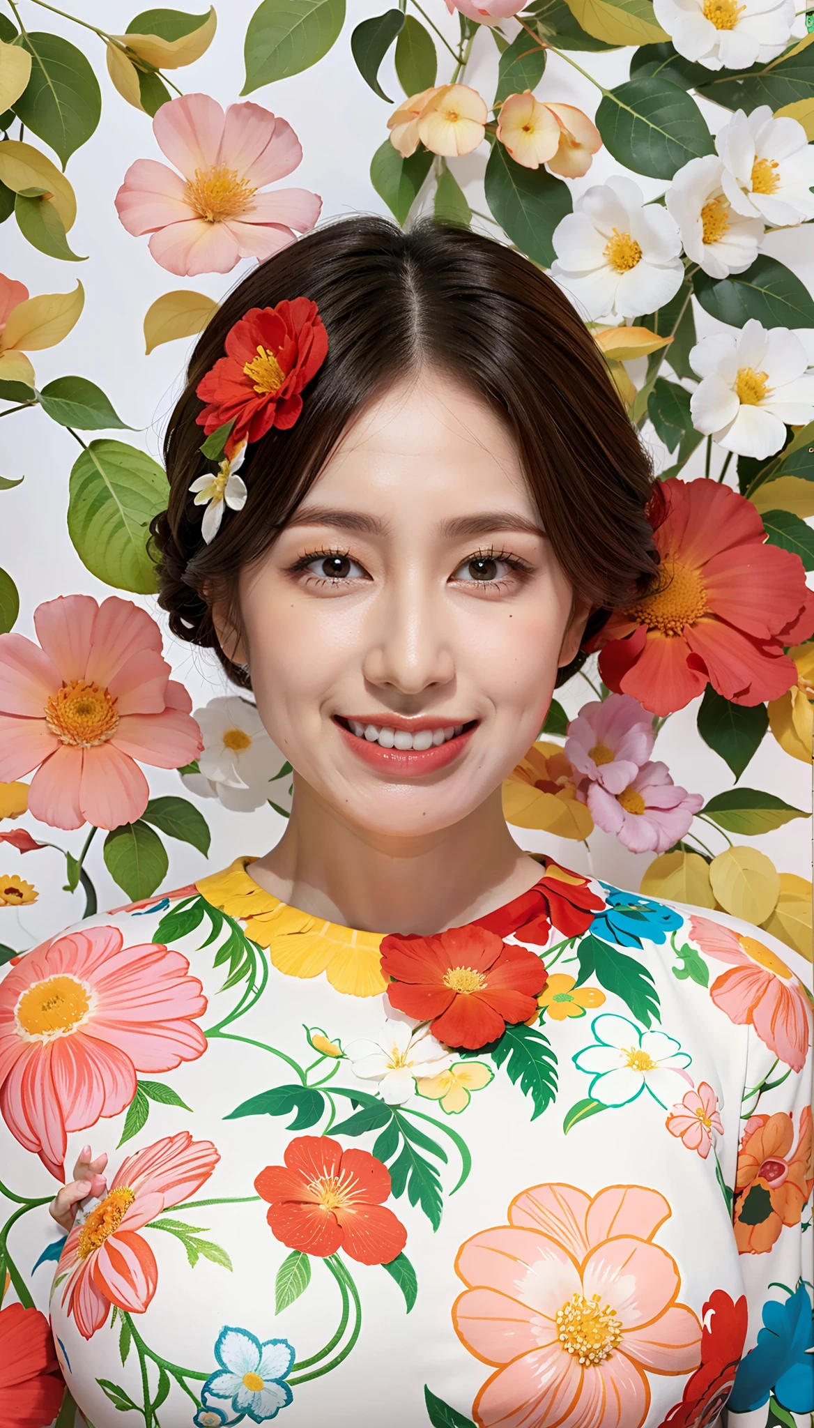 (flat-colors:0.9),(colourfull:1.1),(masterpiece:1,2), top-quality, masterpiece, hight resolution, Original, (flat-colors:0.9),(colourfull:1.1),(masterpiece:1,2), top-quality, masterpiece, hight resolution, Original, highly detailed wallpaper, Viewer's Perspective,Solo,portlate, ((A MILF))、58 years old、Mature Woman Body Set、Exposing breasts、showing teeth、Detailed tongue、Detailed mouth、Staring at this、Wrinkles at the corners of the eyes、Floral background、