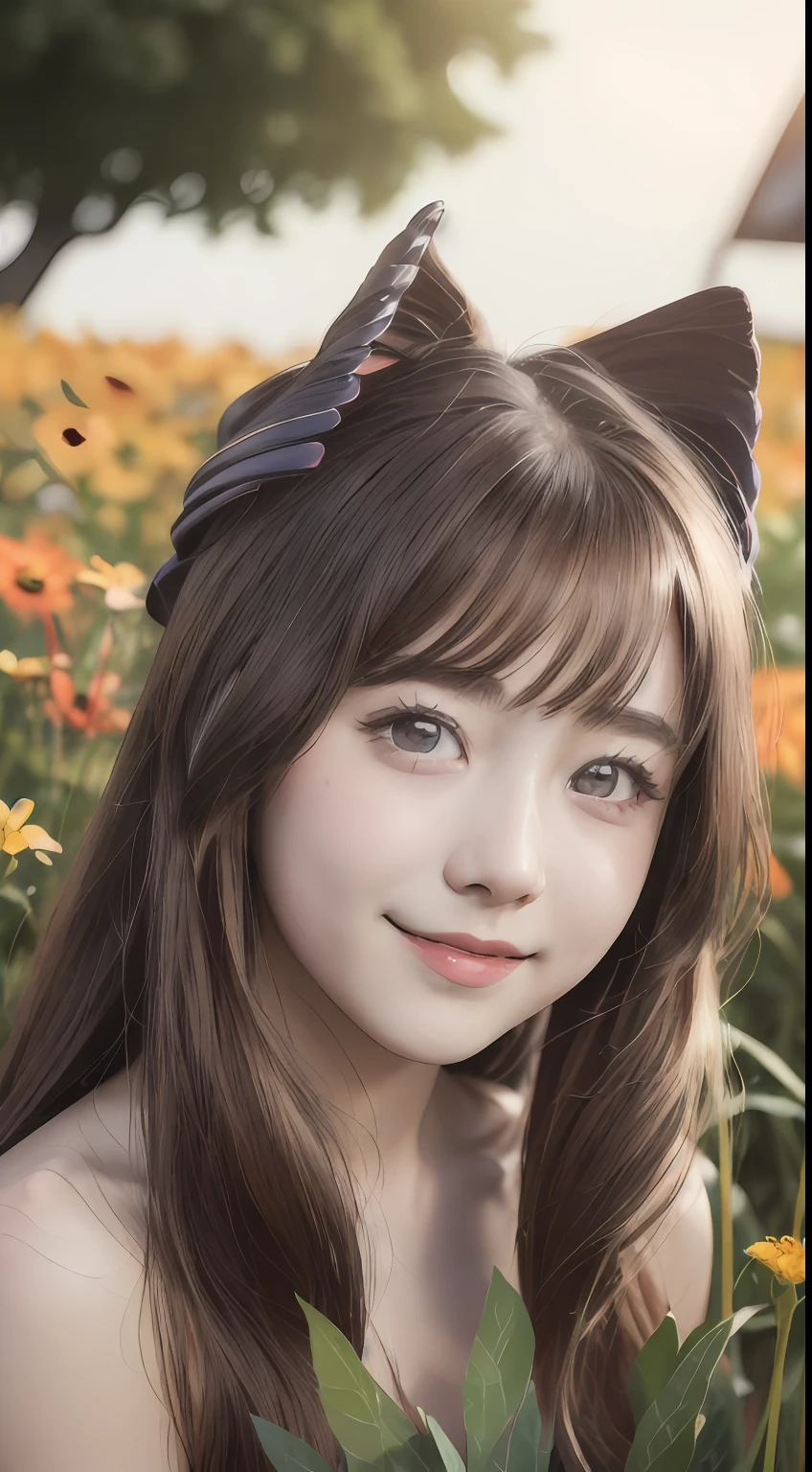 ultra high res, (photorealistic:1.4), raw photo,16K, (solo,1girl,loli:1.2), Flower field, flower, butterfly, kokomidef, kokomirnd,closed mouth,light smile,cinematic lighting,shinny skin,