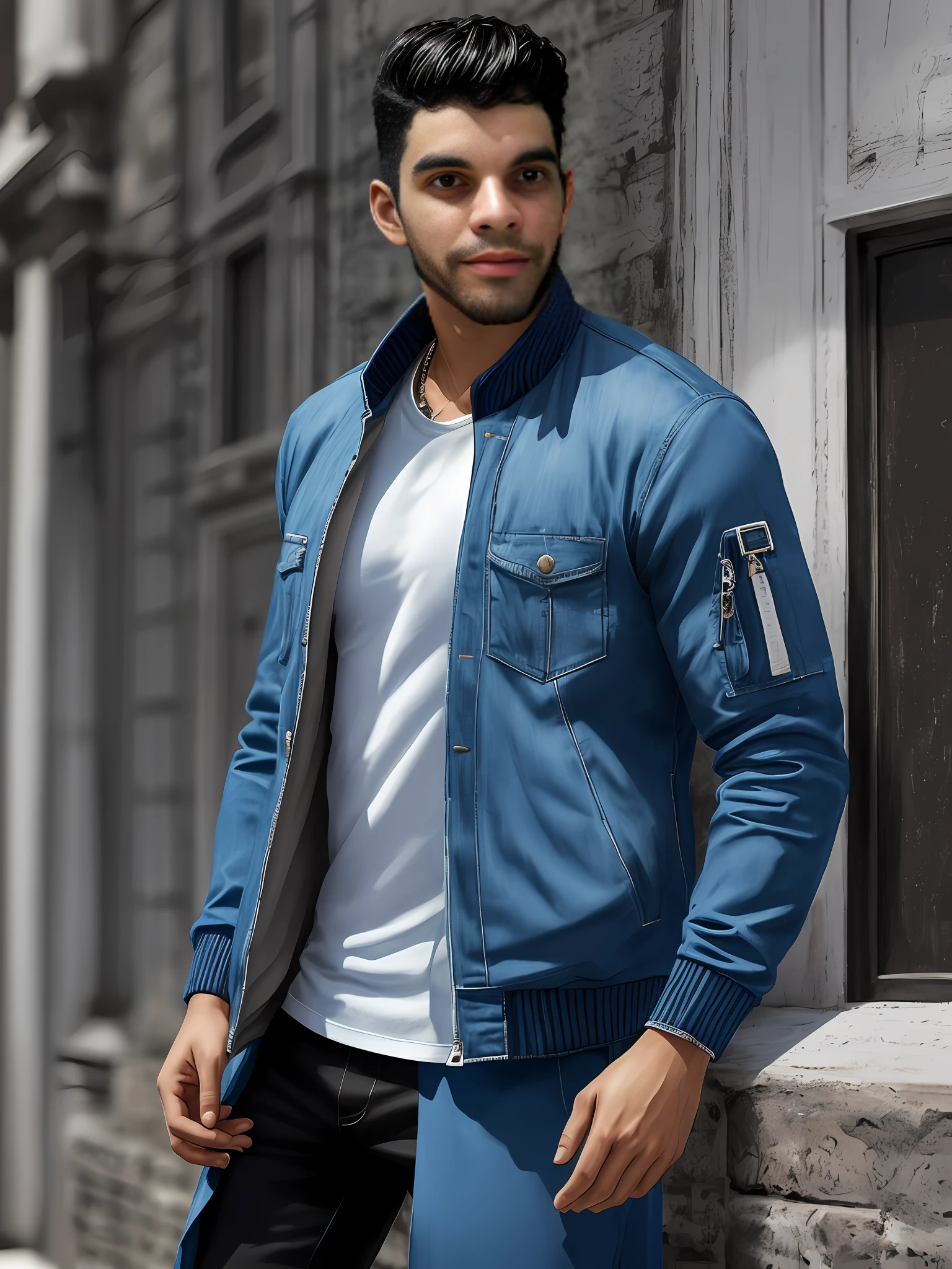 Man in blue jacket in front of a building, 6k resolution, roupas de couro, jaqueta bomber de couro, roupas de couro, Mais vendidos, usando uma jaqueta de couro, incrivelmente realista,homem com uma camisa branca e uma jaqueta azul, icaro carvalho, caio santos, imagem frontal, david rios ferreira, edu souza, Directed by: Nandor Soldier, Foto realista, mateus, Henry Alvim Correa, (34 anos), arte digital,Carmelo Blandino, Alejandro, Jaqueta azul, vestindo uma jaqueta bomber, Casual inteligente, couro, roupa de couro azul-marinho apertado, extremely realistic, altamente realista, sorriso discreto, homem, vestindo jaqueta azul, 4k, excelente qualidade , imagem detalhado, artstation, 6K resolution plus HD