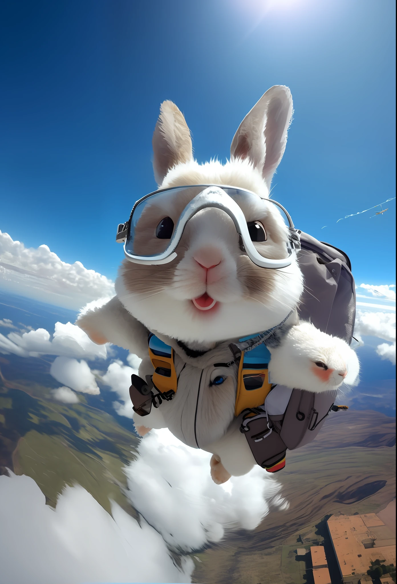 Arakfi flying in the sky with a backpack and goggles, flying through the air, Rabbit