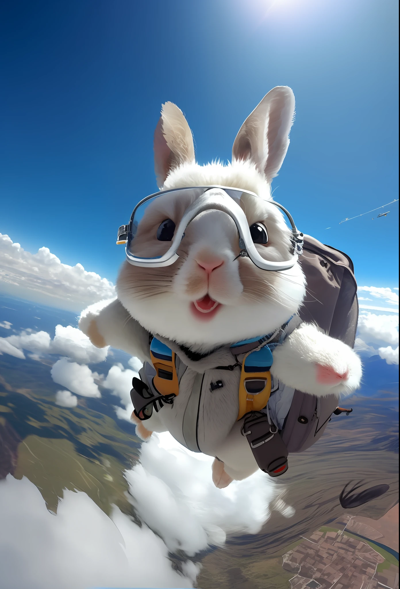 Arakfi flying in the sky with a backpack and goggles, flying through the air, Rabbit