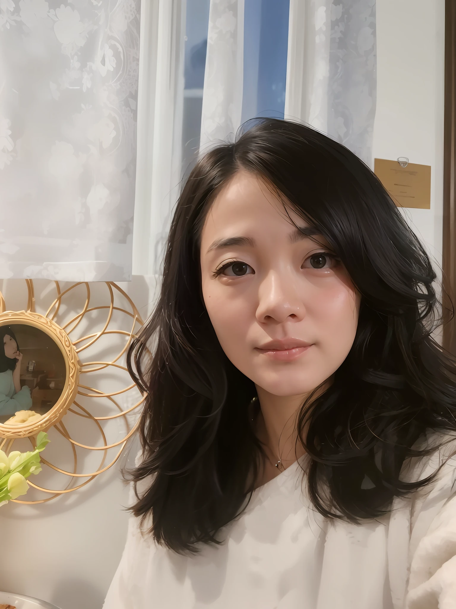 There was a woman sitting at the table,Carrying a plate of food, 8k selfie photograph, selfie of a young woman, Zhang Wanting, author li zhang, Lin Qifeng, xintong chen, chengyou liu, inspired by Ma Yuanyu, wenfei ye, Yun Ling, portrait of christy ren, 2 8