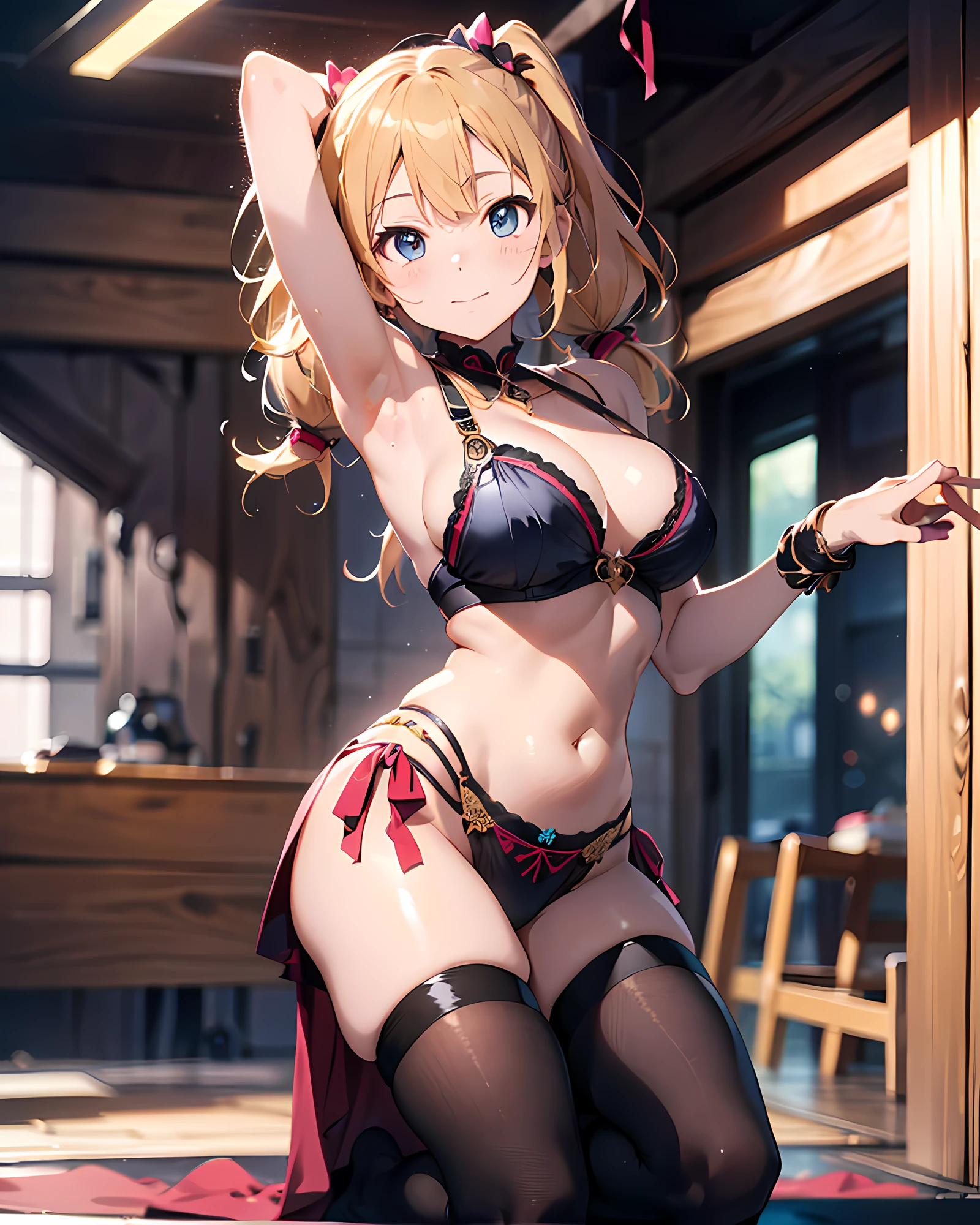 Full body Illustration of a dancing belly dancer, anime style illustration, highres, ultra detailed, (1girl:1.3), (dynamic pose):1.0 BREAK, (((full body image:1.37, full entire body, whole body, head to toe:1.37, full-length portrait))), (pale skin:1.3), ((detailed blue eyes)), (bokeh effect), (dynamic angle), 1 extremely beautiful and glamorous anime waifu at gorgeous competition dance hall, (wearing a black satin belly dancer's outfit:1.37), BREAK, she has blonde wavy twin-tails hair style, medium-breasted, slender, light smile, happy, wind, 8 life size, detailed clothes, detailed body, detailed arms, human hands, detailed hands, perfect nose, blush, light smile, pink lip gloss, looking the viewer, facing the viewer, sexy model posing, floating hair, BREAK, studio soft light, cinematic light, gorgeous dance hall background, detailed background, realistic, ultra-realistic, masterpiece, 32k ultra-sharp image, Japanese anime waifu, concept art by Kyoto animation, Makoto Shinkai,
