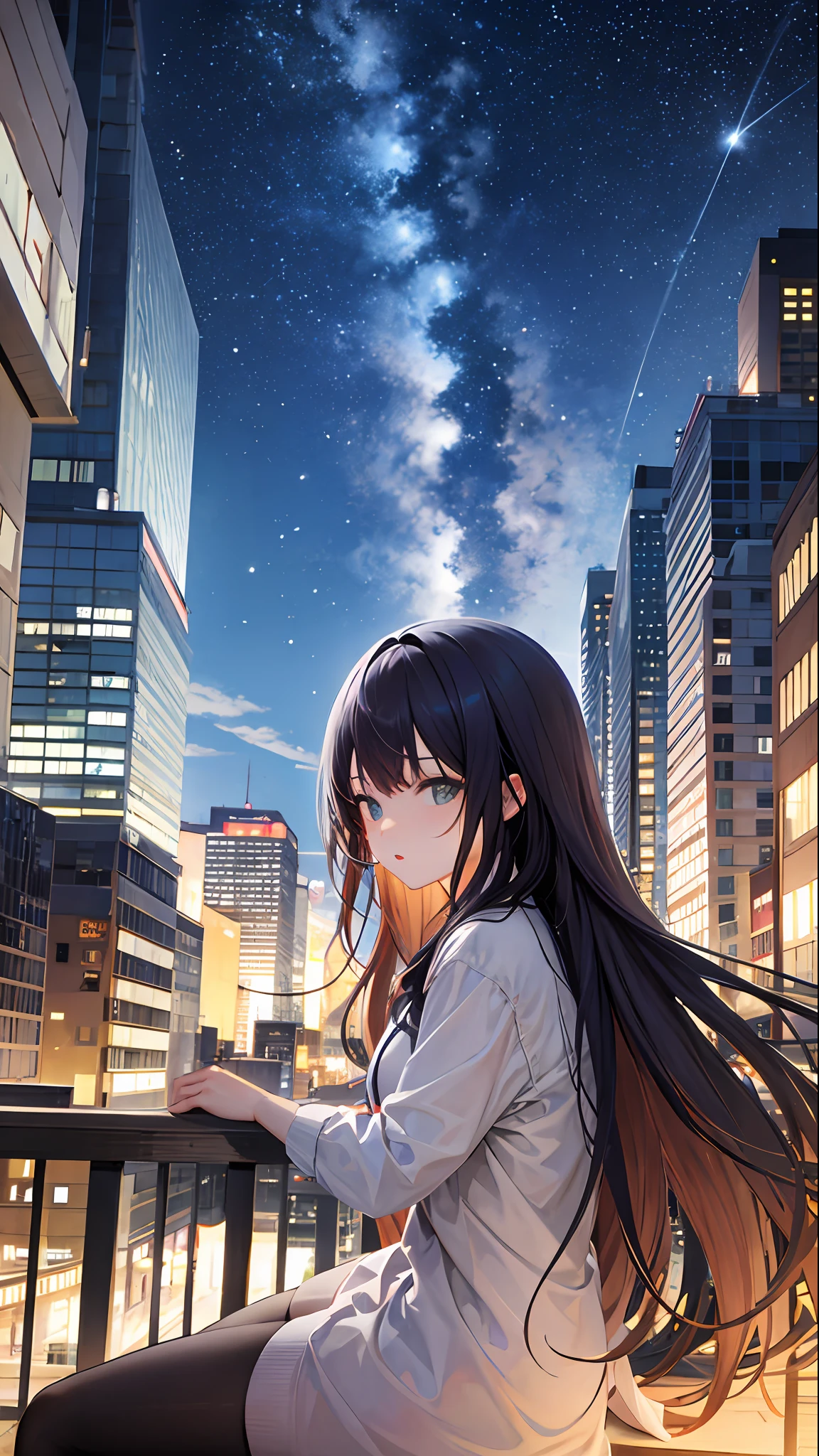 octans, sky, star (sky), scenery, starry sky, night, 1girl, night sky, solo, outdoors, building, cloud, milky way, sitting, tree, long hair, city, silhouette, cityscape