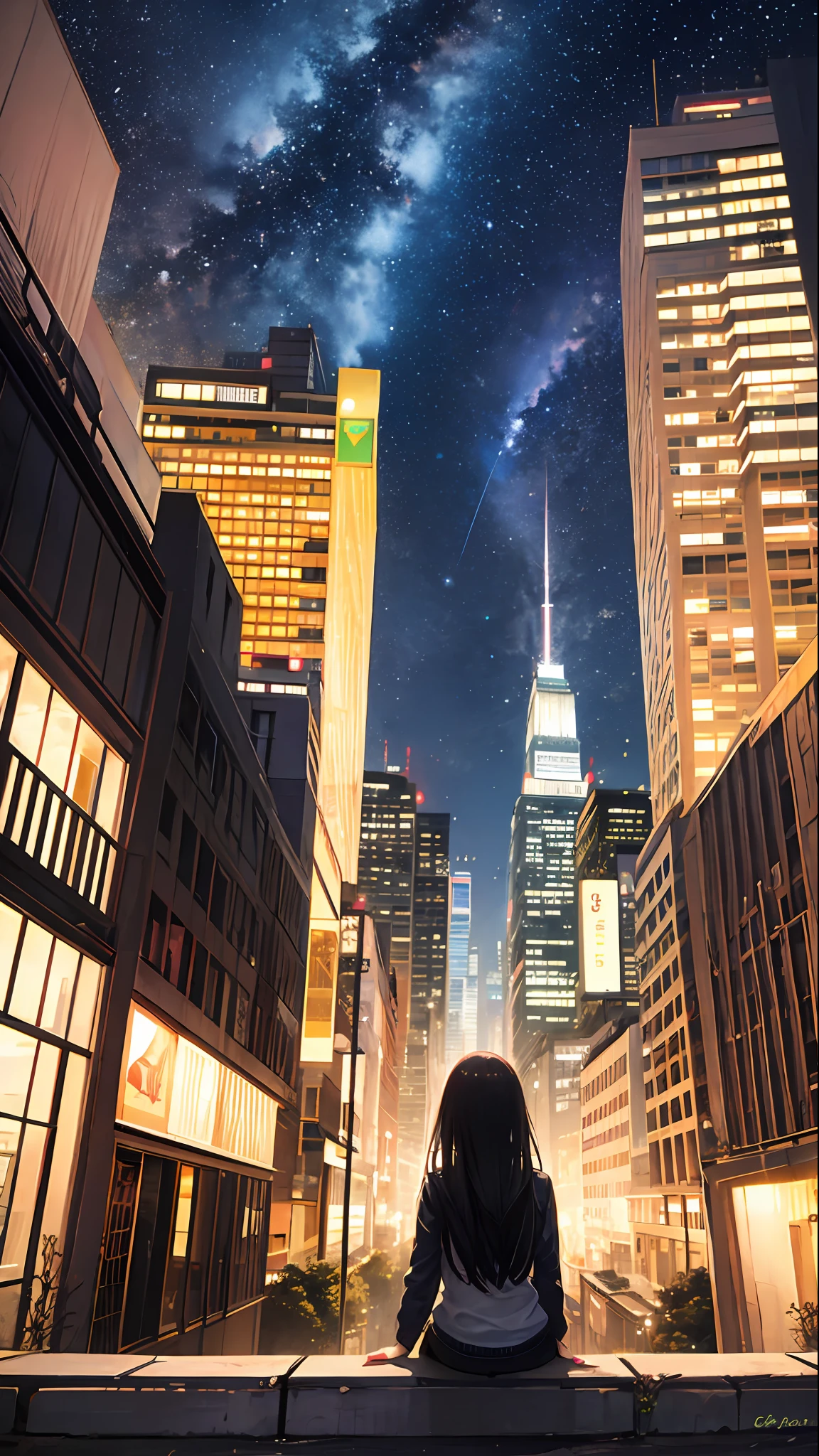 octans, sky, star (sky), scenery, starry sky, night, 1girl, night sky, solo, outdoors, building, cloud, milky way, sitting, tree, long hair, city, silhouette, cityscape