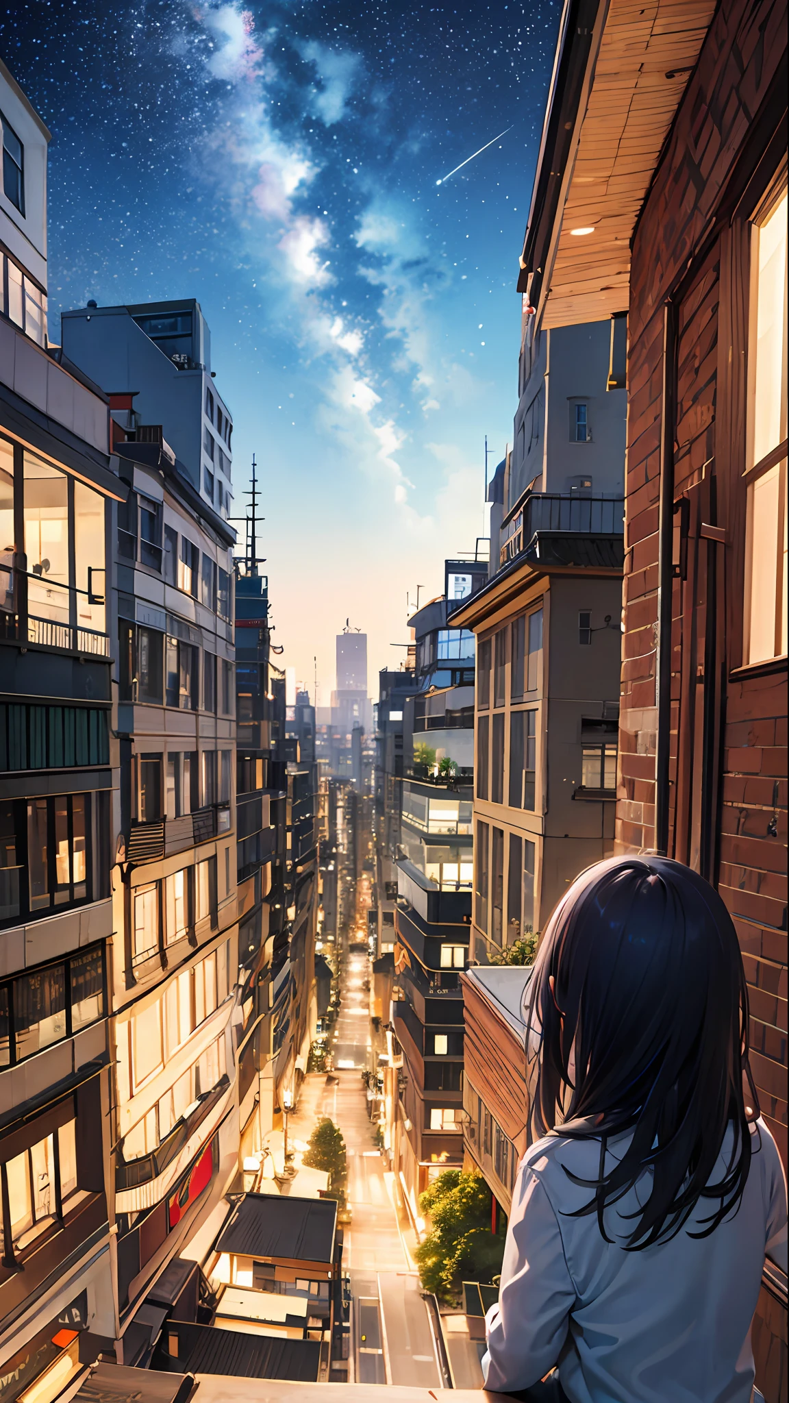 octans, sky, star (sky), scenery, starry sky, night, 1girl, night sky, solo, outdoors, building, cloud, milky way, sitting, tree, long hair, city, silhouette, cityscape
