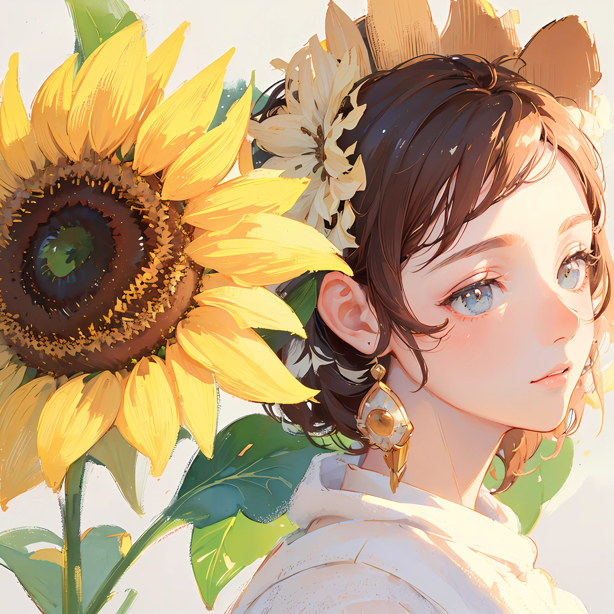 Portrait of a sunflower and a girl side by side,Fine brush, rough, detailed watercolor, soft and fantastic, pastel, fluffy, (extremely fine and beautiful), (perfect details)、(pastel color),Soft texture:1.2.(Mastepiece, Best Quality), (finely detailed beautiful eye), (finely detailed eyes and detailed face),The tones are also visibly luminous.Pale blurred outline