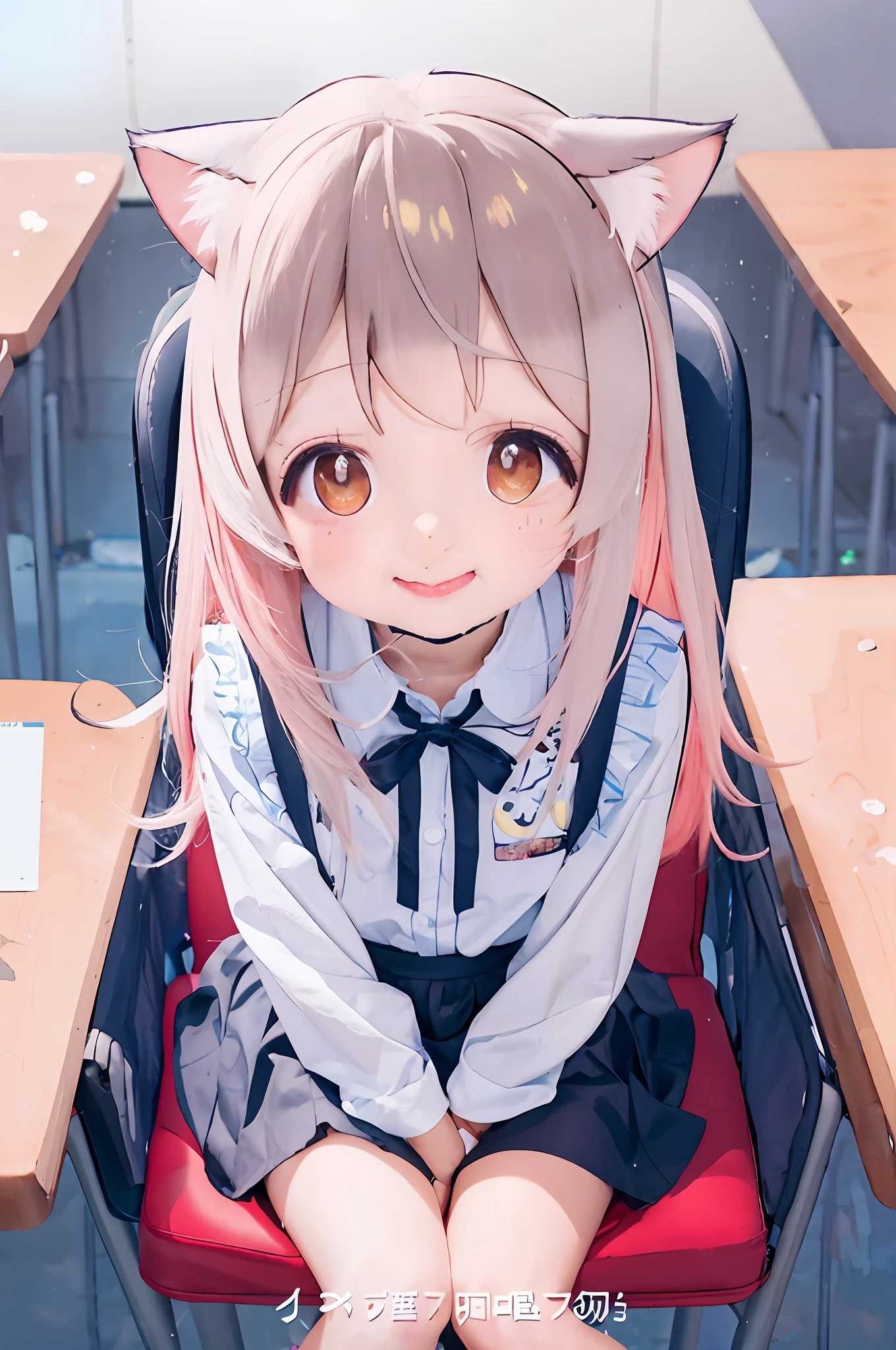 Anime girl sitting in chair,Wearing cat ears on his head, Kantai collection style, anime visual of a cute girl, lollipop, Beautiful Anime High School Girls, A scene from the《azur lane》videogame, konpeki no kantai, anime best girl, up of young anime girl, kantai collection arcade, anime girl with cat ears, Splash art anime