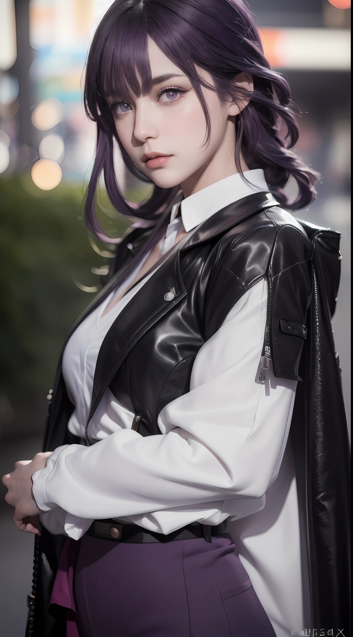 (photorealistic:1.4), raw photo, 1girl, purple eyes, purple hair, (eyewear on head), stellaron hunters outfit,  black jacket, jacket on shoulders, shirt, shorts, pantyhose, boots,deep shadow,  detailed face, detailed eyes, depth of field, bokeh, vibrant details, finely detailed, hyperrealistic, 35mm film, hazy blur,upper body,, masterpiece,ultra realistic,32k,extremely detailed CG unity 8k wallpaper, best quality