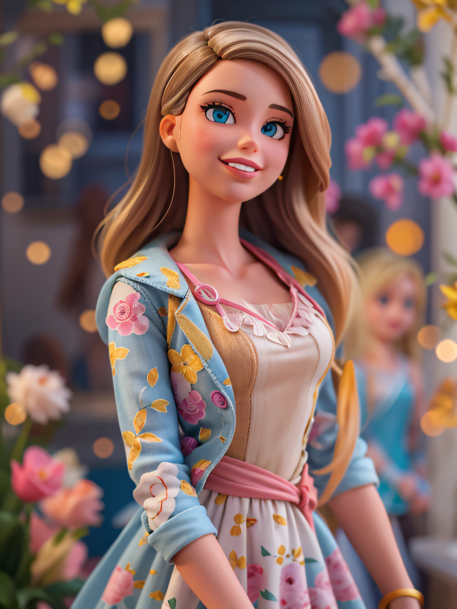 ((melhor qualidade)), ((obra-prima)), ( extremamente detalhado, mais alto detalhado, arte oficial, beautiful and aesthetic: 1.2), profundidade, WHOLE BODY composition, Disney Pixar, Fofo, belos olhos azuis, cabelo ombre loiro, roupa gradiente cor de rosa, smilling, bokeh, bloom, fundo desfocado, Barbie.