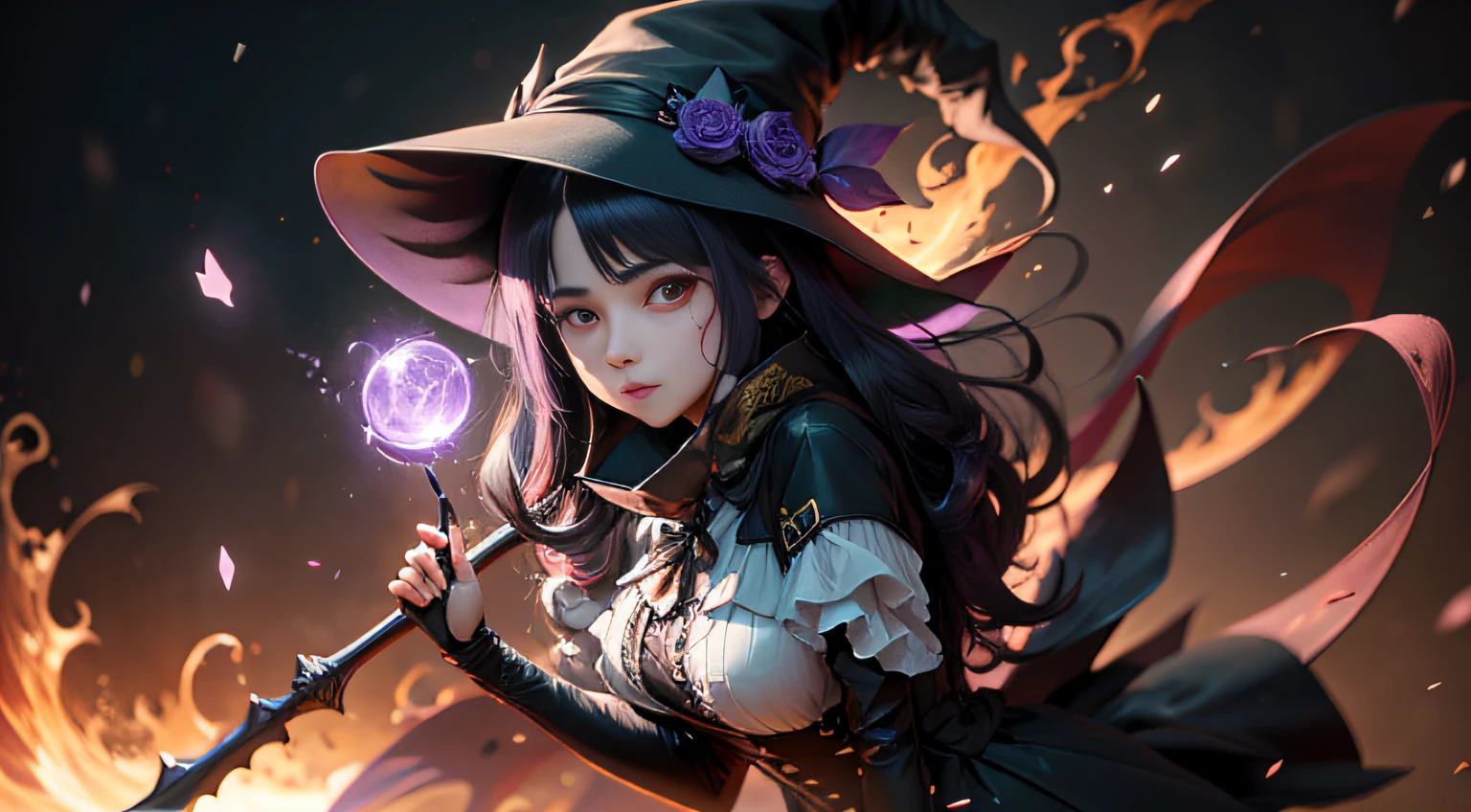 Full body photo of anime girl with purple eyes and black hair witch hat, hyuga hyuga, Red hair, academy, from girls frontline, shalltear from overlord, Anime moe art style, portrait gapmoe yandere grimdark, The Witch, gapmoe yandere grimdark, portrait of a young witch girl, Produced using ray tracing in an anime artist studio,NVIDIA RTX,Hyper-Resolution,Unreal 5,Subsurface scattering、PBR Texture、post-proces、Anisotropy Filtering、depth of fields、maximum definition and sharpness、Many-Layer Textures、Albedo e mapas Speculares、Surface coloring、Accurate simulation of light-material interactions、perfectly proportions、rendering by octane、Two-colored light、largeaperture、Low ISO、White balance、the rule of thirds、8K raw data、White dress