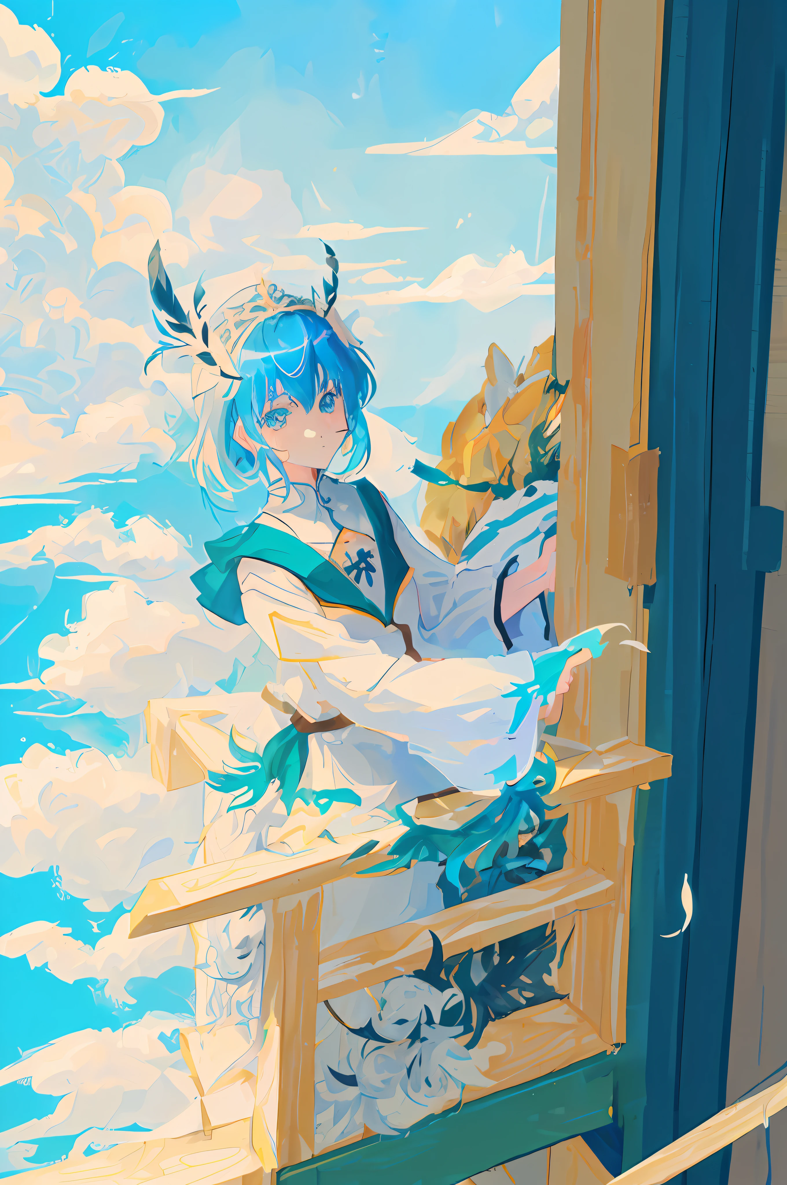 (((((Anime style art art)))), Best quality, cosplay, Ultra-detailed, 8K 4K anime wallpaper, A fascinating sight with blue and green hair, White pick dye，Juvenile elements, Cigar blue energy drink in empty titanium cup, (lofi-girl,Blue-haired girl)In a soda-themed atmosphere，Snowflake headdress embellishment，Beautiful aroma and fluffy clouds, Intoxicating, Light and shadow interlace, A feast for the eyes.Feather hanging，Snowflake tiara