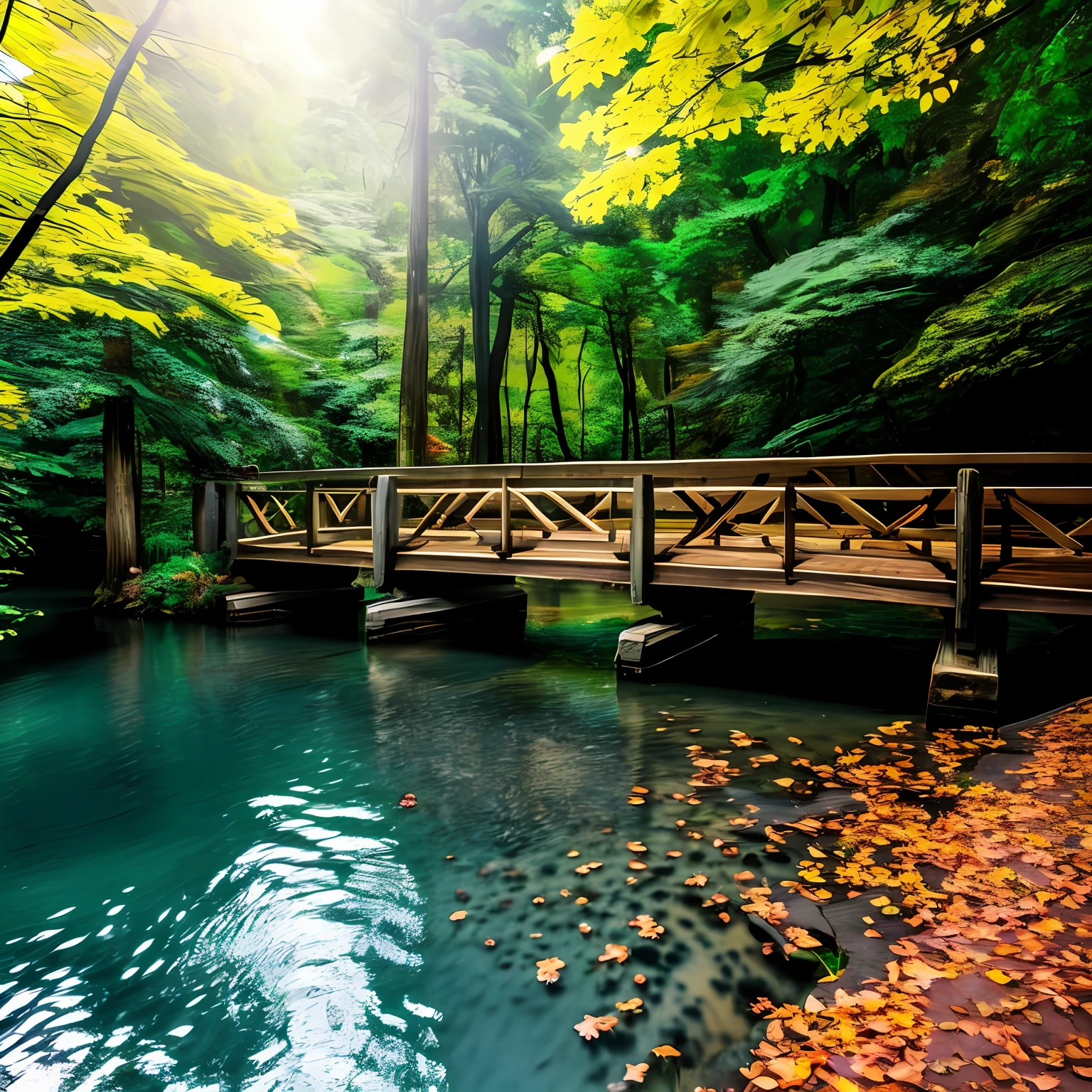The bridge is made of dark wood, with wide and well-adjusted boards. The supporting pillars are made of thick tree trunks and the bridge is covered by a vault of tree branches. The bridge crosses a narrow river and the banks are covered by dense forest. The sun is shining and the leaves of the trees are shining in bright colors. The bridge is a quiet and beautiful place to relax and enjoy nature. --auto