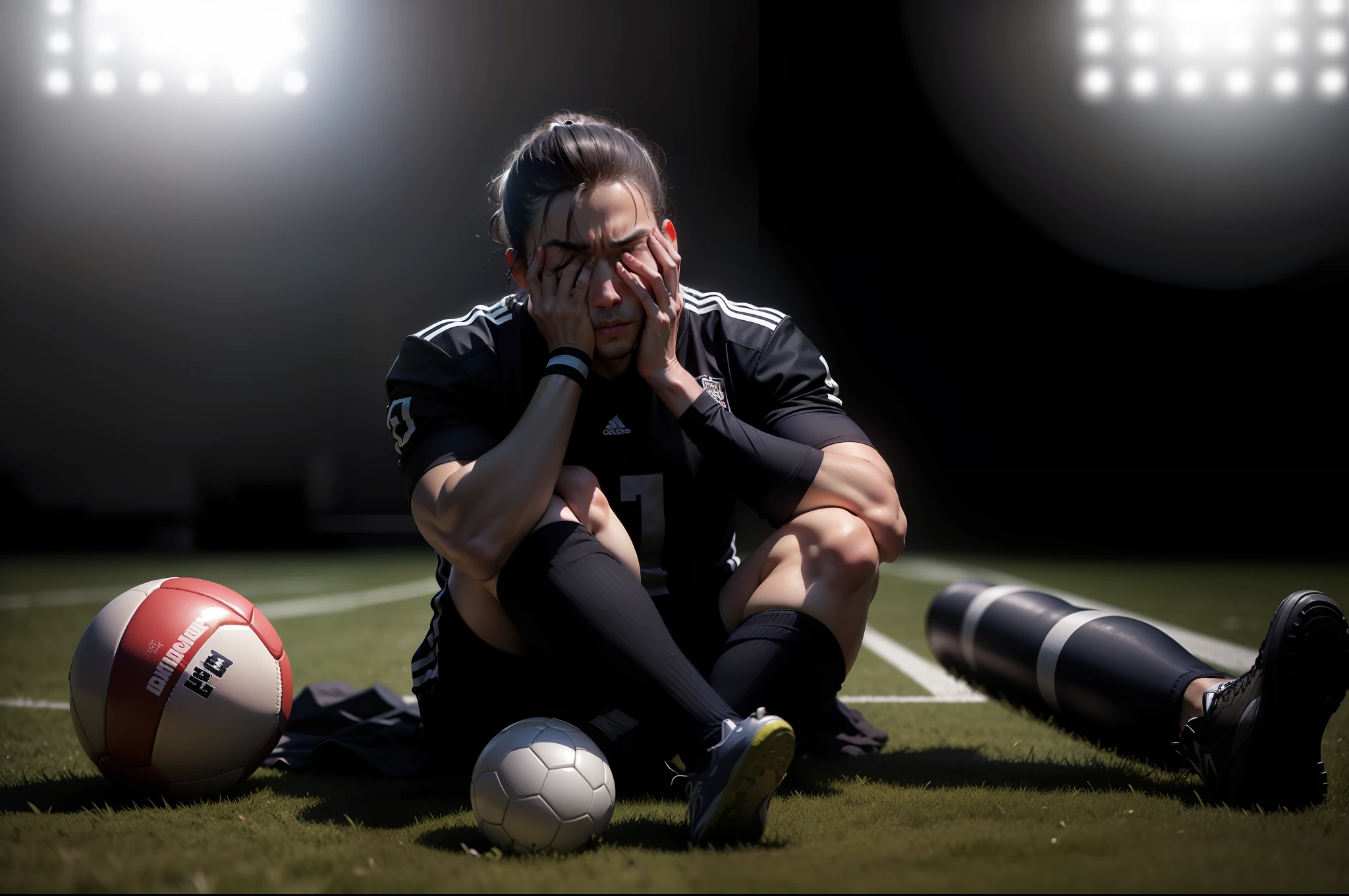 Thai , regret , Cover your face with your hands. , football ,Football Field , ball , Realistic visuals , lose , disappointed