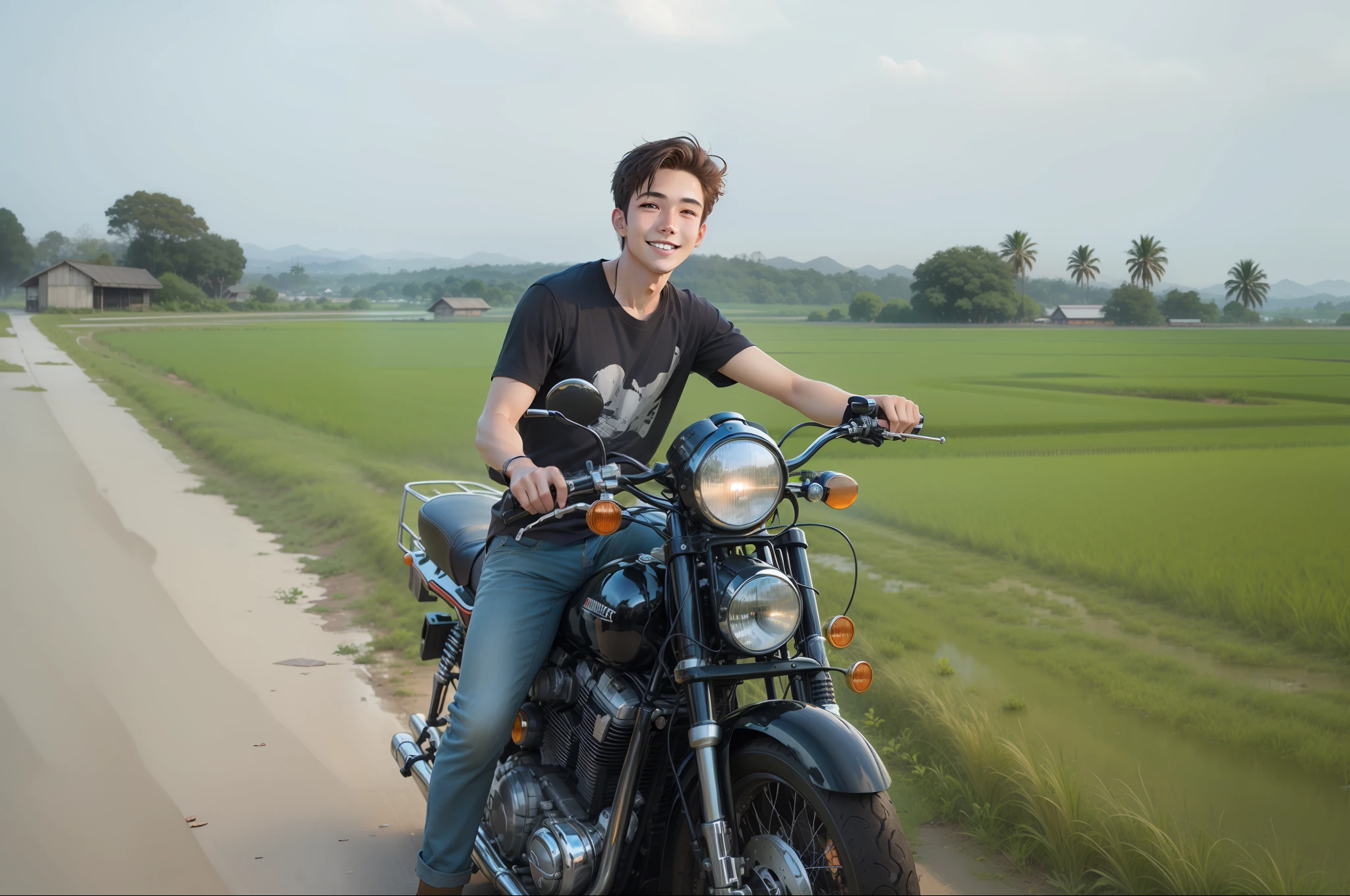 Realistic convert to anime,ung guy, smiling face, brown hair, classic motorcycle, rice fields, sunset, Anime style, high quality.