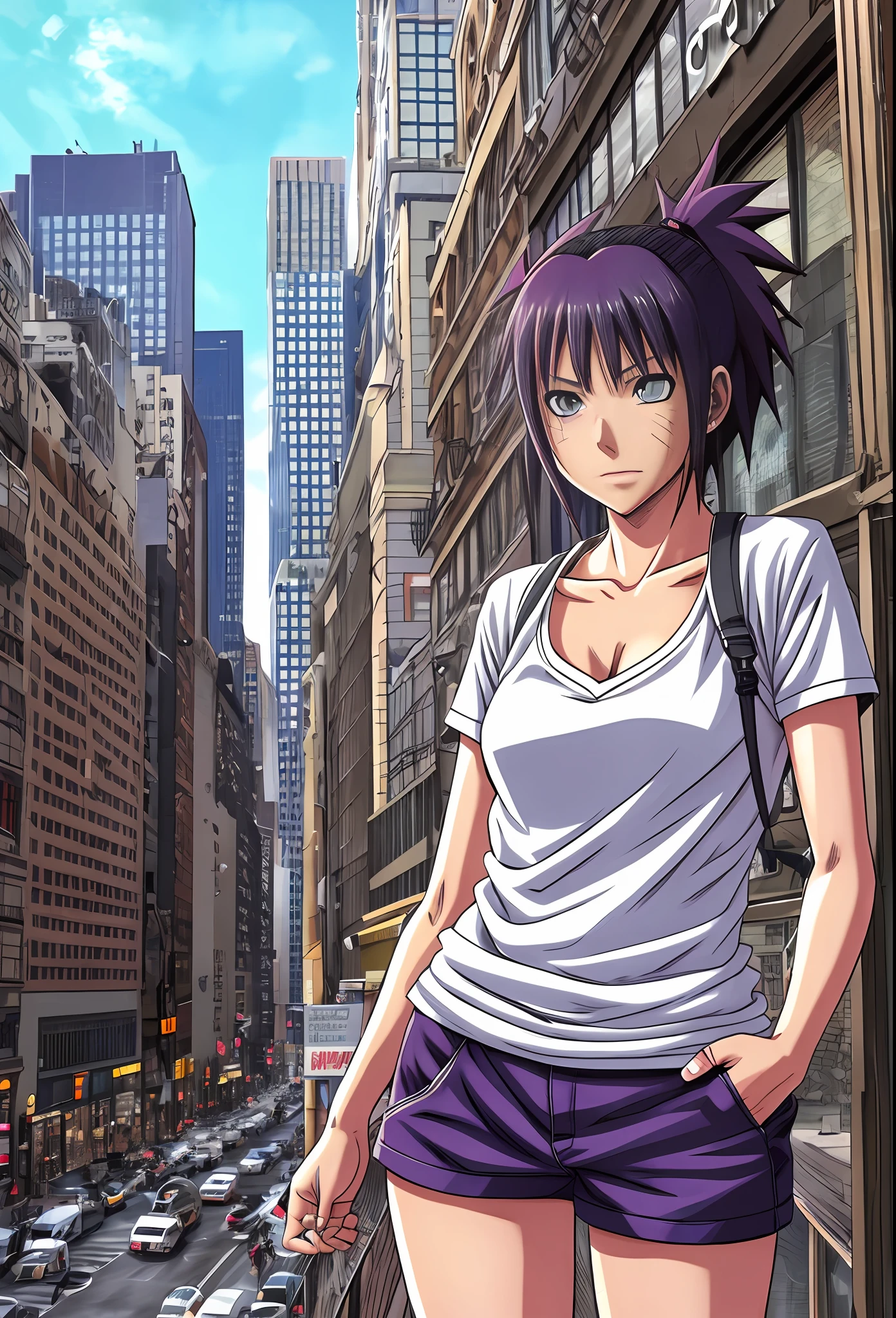 Realistic Full Body Photo of Hinata /(Naruto/), art by Masashi Kishimoto, Purple Short Hair, Beautiful White Eyes, White Eye Ball, in the City of New York, High Resolution --auto --s2