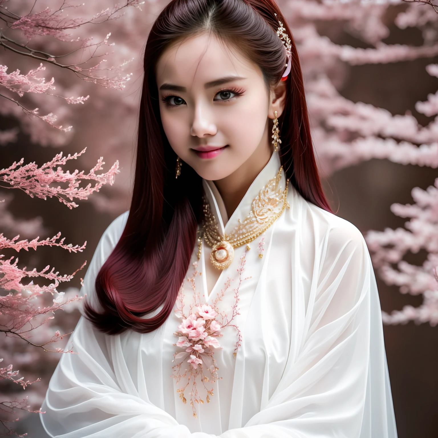 8k, ((A slight smil)), Do not show breasts, 30-years old, Look at viewers, ((alluring face)), Beautiful Si Pink Fong clothes, An ultra-high picture quality, ((Body from waist up)), Photo Real, Beautiful face and eyes in every detail, (maroon hair),onepiece, (White marble background), top-quality、 a very delicate and beautiful, hightquality, realisitic, Fantasia, Real skin, fulcolor, topquality, a very delicate and beautiful, Raw photo details, professional photograpy, 独奏, Beautiful lips, topquality, Real skin, fulcolor, Raw photo details, photos realistic --auto