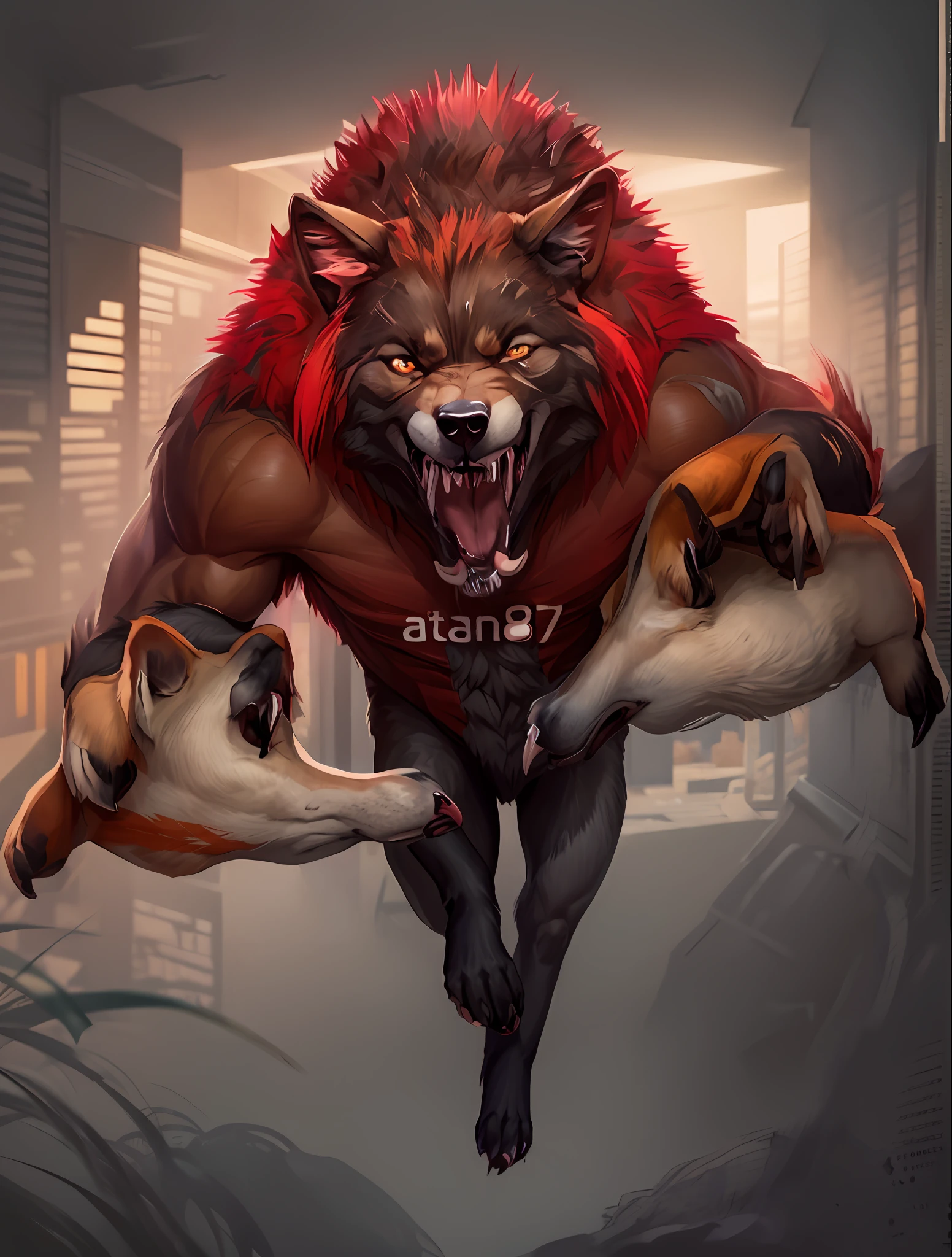 um close up de um grande animal peludo com a boca aberta saltando, lobisomem sexy moral alta raiva, lobisomem?, lobisomem musculoso, lobisomem, pose assustadora e raivosa, lobisomem", um lobo minotauro, an anthropomorphic wolf, Angiewolf, homem lobisomem, anthropomorphic wolf, grande lobo, cara de lobo antro, dire wolf, (pelo vermelho:1.65)
