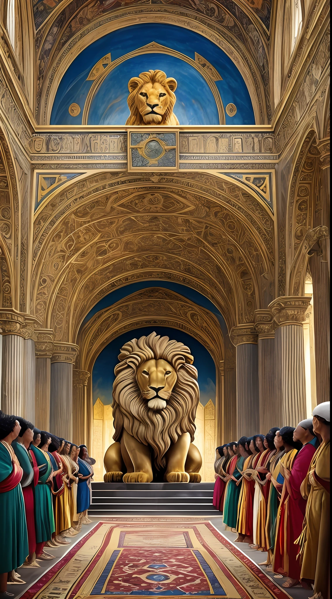 The image represents the Lion of the tribe of Judah, uma figura poderosa e majestosa, with references to David's root. The Lion is in an attitude of victory, triunfante e confiante. Ele segura um livro selado em suas patas dianteiras, symbolizing a great mystery or secret. The scene depicts the moment when the Lion has won and is about to open the book, rompendo os sete selos que o cercam. There is an atmosphere of solemnity and deep meaning in the image, highlighting the power and authority of the Lion as a divine or spiritual figure. --auto --s2