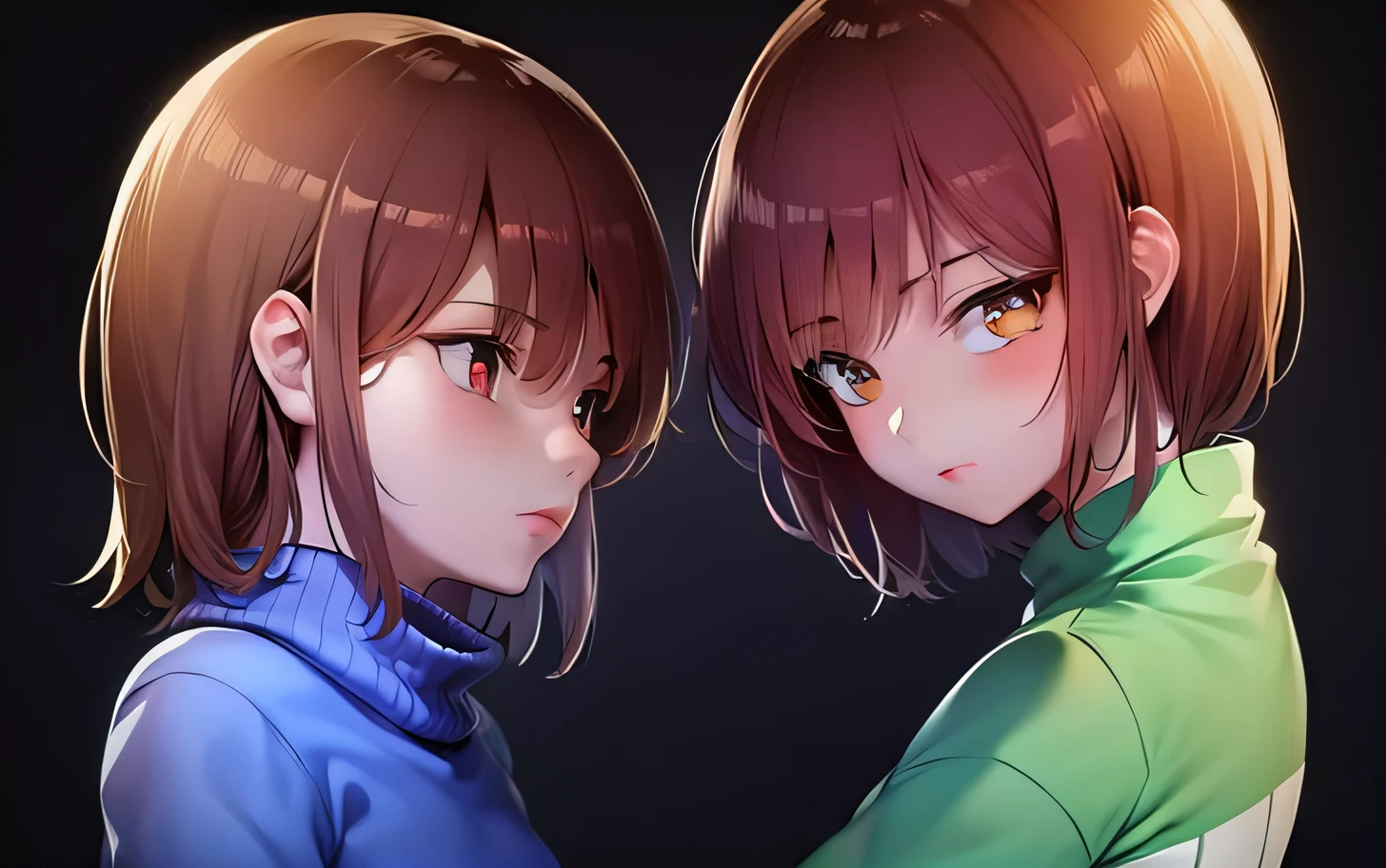 anime, duas meninas com olhos vermelhos, um com camisa verde, o outro com camisa azul, Yume Nikki, Pin no anime, protagonista feminina 👀 :8, sem rostos, ❤🔥🍄🌪, estilo de arte anime, they are siblings, em estilo anime, Epic anime style, arte anime de alta qualidade, estilo anime 4K