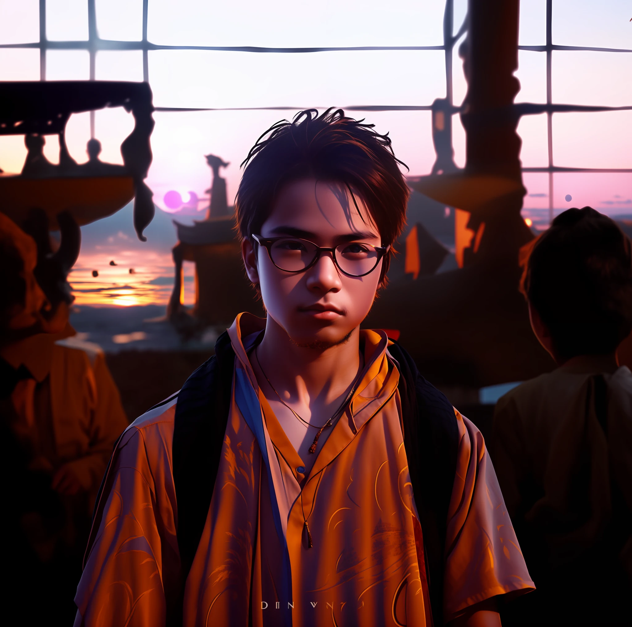 Contre-Jour,the setting sun,A young boy with glasses in Asia,rim-light,
