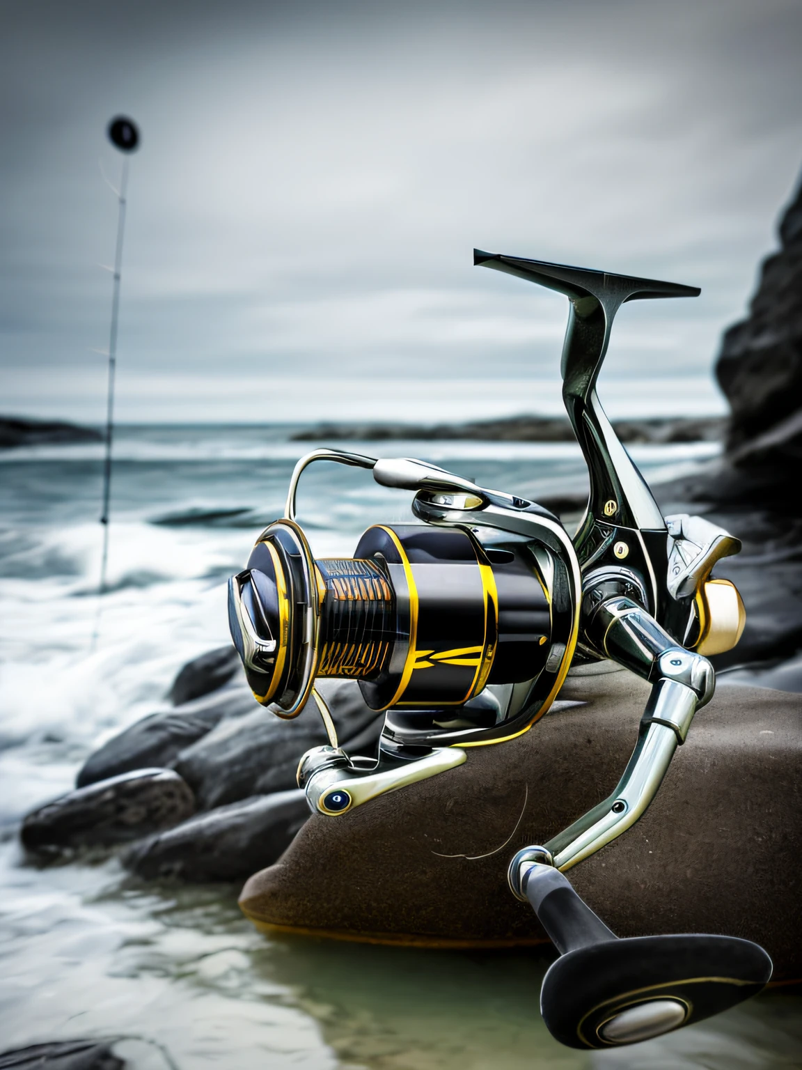 Close-up of a fishing reel on a rocky beach, Dramatic art, the robot has a fishing rod, fishing, powerful detail, realistic and coherent, Ultra realist, close up portrait shot, commercial product photography, Realistic scene, promotional photo, mega realistic, detailed portrait shot, New design, Realistic, motivational, realistic depth, highly detailed product photo, portrait shot