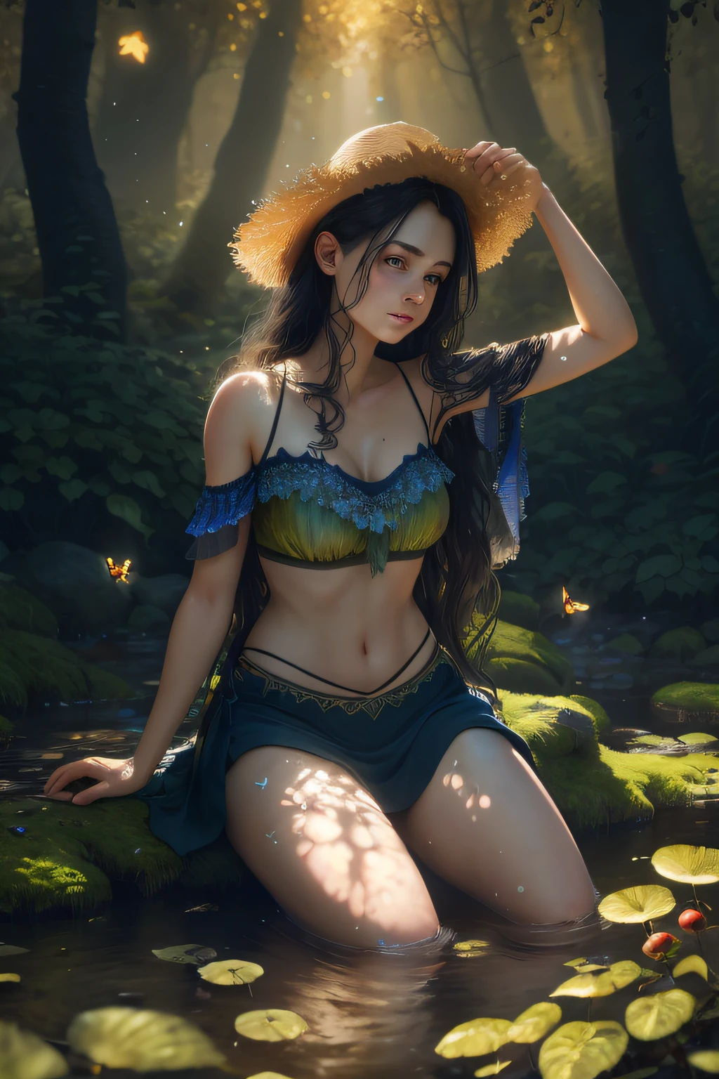 beautiful caucasian girl full body close-up, bare skin, skin wet with water, long black hair and curly hair,,(Masterpiece, best quality, high quality, extremely detailed CG unity 8k wallpaper), the mysterious and fascinating scene of the fantasy forest, towering trees, glowing mushrooms and hidden fairies, creating a sense of mystery and enchantment, warm colors, Art style, oil painting, HDR, rich detail and emotion, added depth and dimension, blurred depth of field, softened colors, detailed textures, stunning artwork, midjourney art., Masterpiece, highest quality, (highly detailed CG Unity 8K wallpaper), (highest quality), (best illustration), (best shadow), forest theme incorporating elements of nature. Surrounded by tall trees, quiet streams, glowing little mushrooms, delicate leaves and branches, glowing particle effect with fireflies, (natural elements), (jungle theme), (leaves), (branches), (fireflies), butterflies, (delicate leaves), (glow), (particle effects), isometric 3D, octane rendering, ray tracing, ultra detail, full body, detailed oil painting by Pino Daeni, Daniel F. Gerhartz, Edward Steichen, Van Gogh, close-up girl lying on the grass with an open book, cute caucasian girl face, autumn, falling leaves, field, light solar, sunbeams, apples, rowan berries, highly detailed, intricate feeling of peace and calm, intricate full body pose, oil painting, thick strokes, soft impressionism, mannerism, vibrant colours, masterpiece, high quality, black vikini,