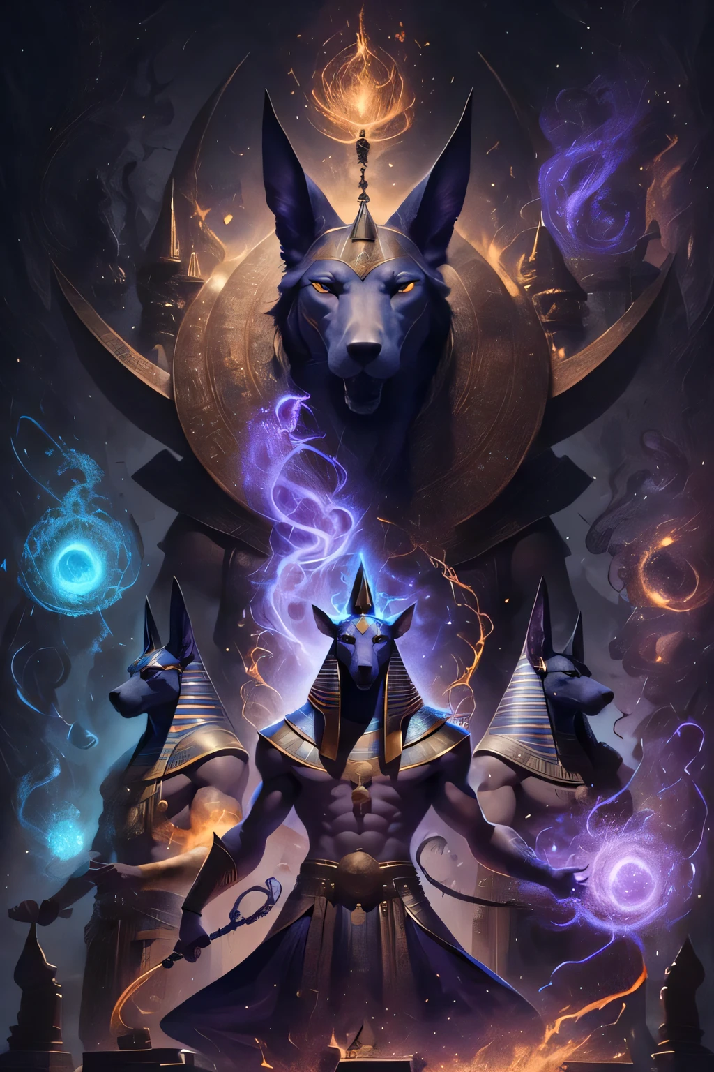 1man, portrait of godanubis in front altar with groups of egyptian, jackal head, swirl of fire, aura, magic, sparks, magic astral, ornate, details,