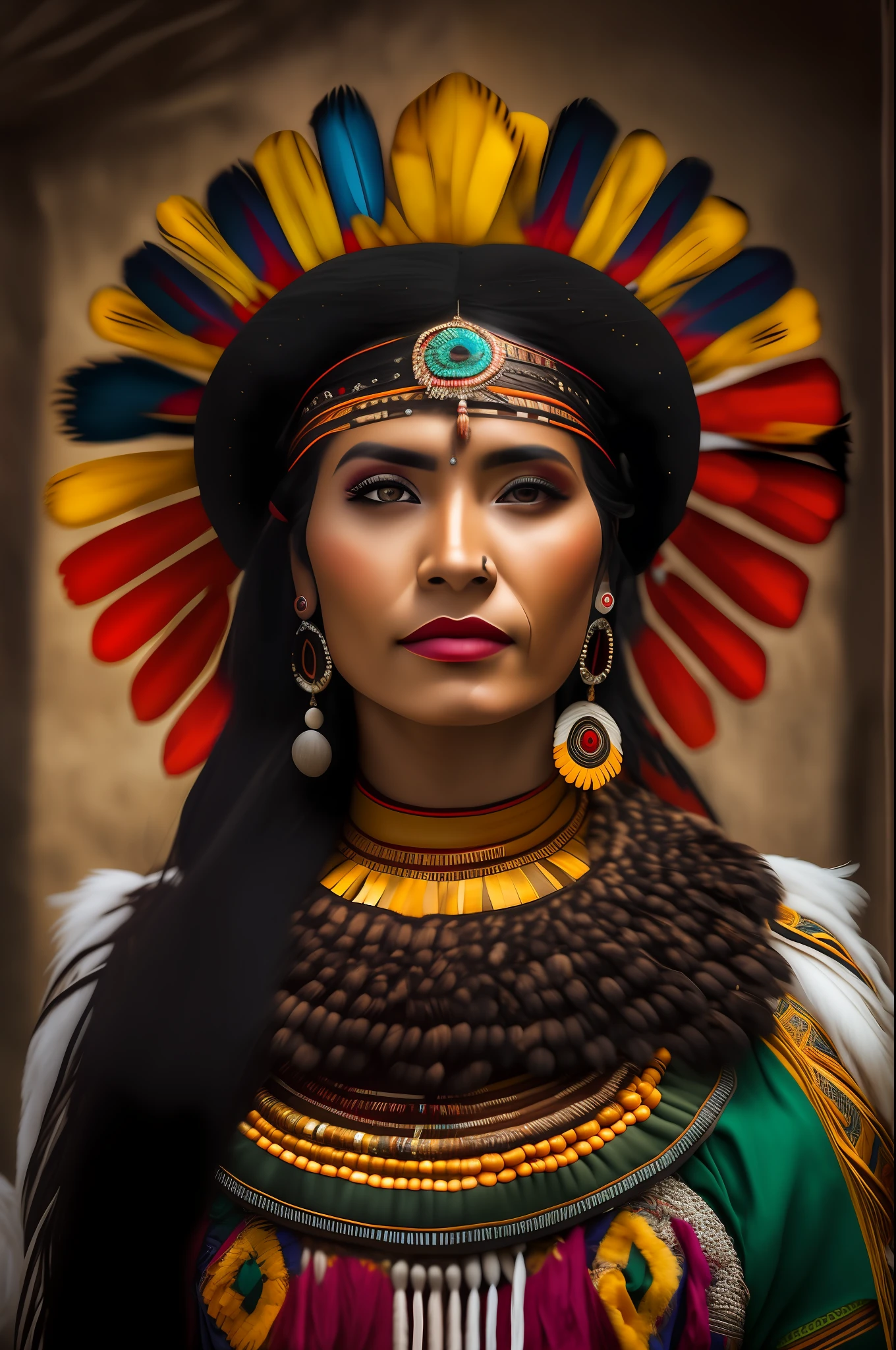 arafed woman in native dress with feathers and jewelry, aztec princess portrait, portrait of a woman warrior, native american, she is dressed in shaman clothes, portrait of pocahontas, beautiful young female shaman, portrait of a young pocahontas, a beautiful woman warrior, maya 8 k, indigenous, warrior woman, gorgeous woman, native american warrior