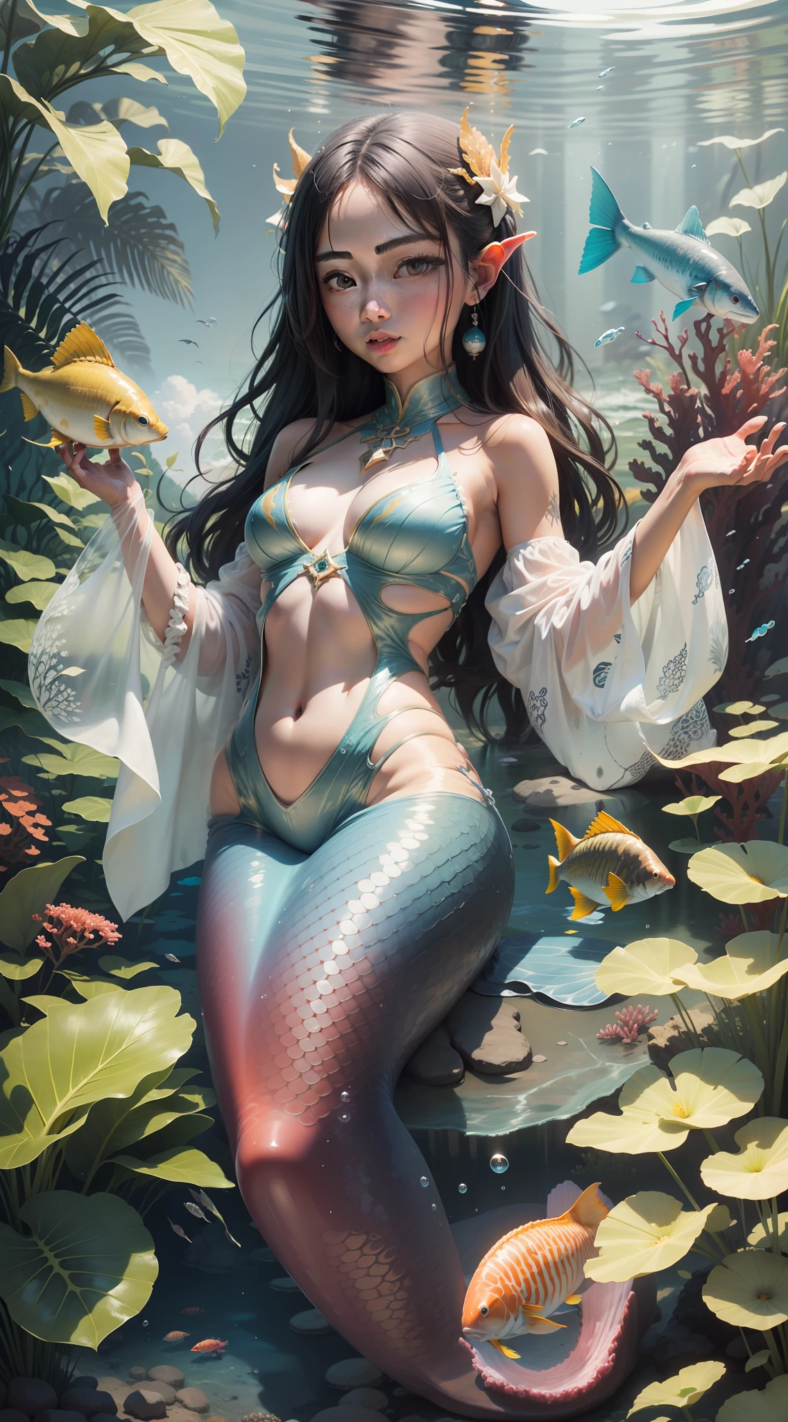 seaweed，ocean water，ocean floor，the reef，airbubble，（The painting style is highly consistent with the seabed background of the original picture）