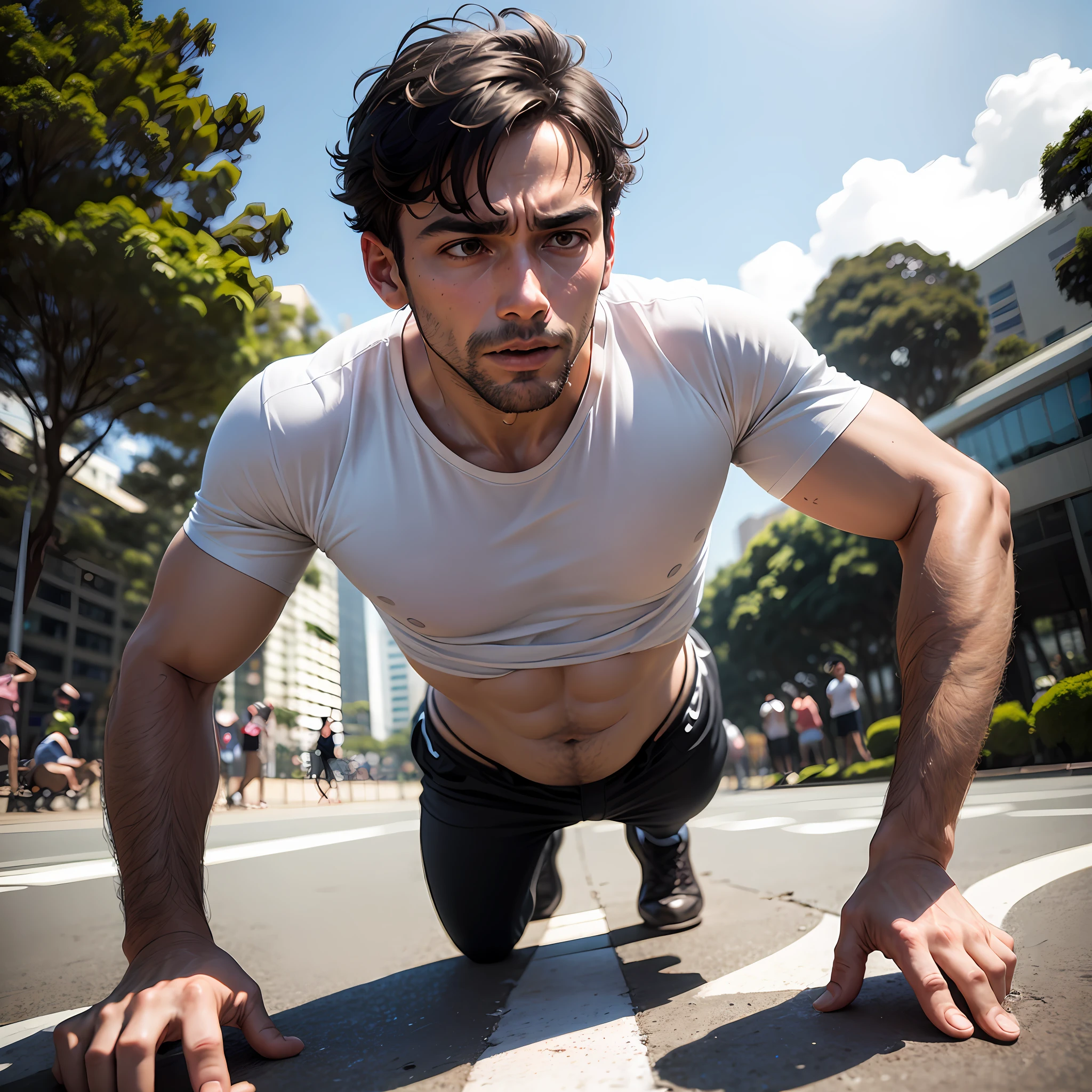 Man performing push UP in Ibirapuera square São Paulo Brazil --auto