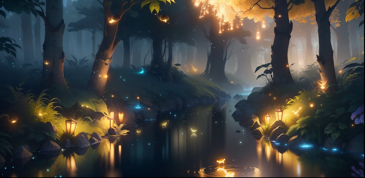 Masterpiece, best quality, (very detailed CG unity 8k wallpaper), (best quality), (best illustration), (best shadows), glow sprite, with a glowing deer, in the swimming pool Drinking water, natural elements in the forest theme. Mysterious forest, beautiful forest, nature, surrounded by flowers, delicate leaves and branches surrounded by fireflies (natural elements), (jungle theme), (leaves), (twigs), (fireflies), (particle effects) etc. 3D , Octane rendering, ray tracing, super detailed