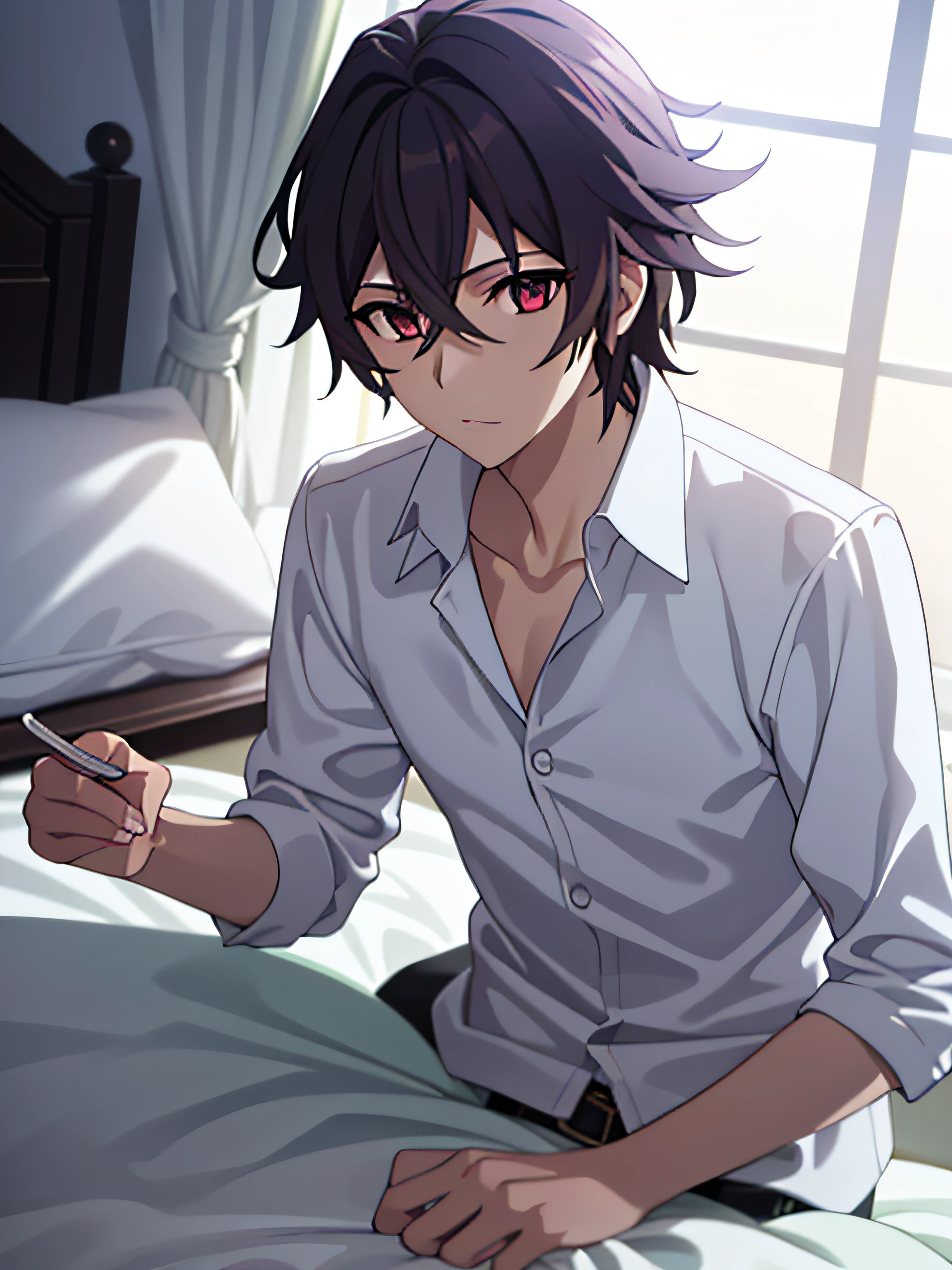 tmasterpiece， Best quality at best， high high quality， 1boy， 独奏， malefocus，The upper part of the body,Lie down in bed，,nigth,sobu，Bedrooms，