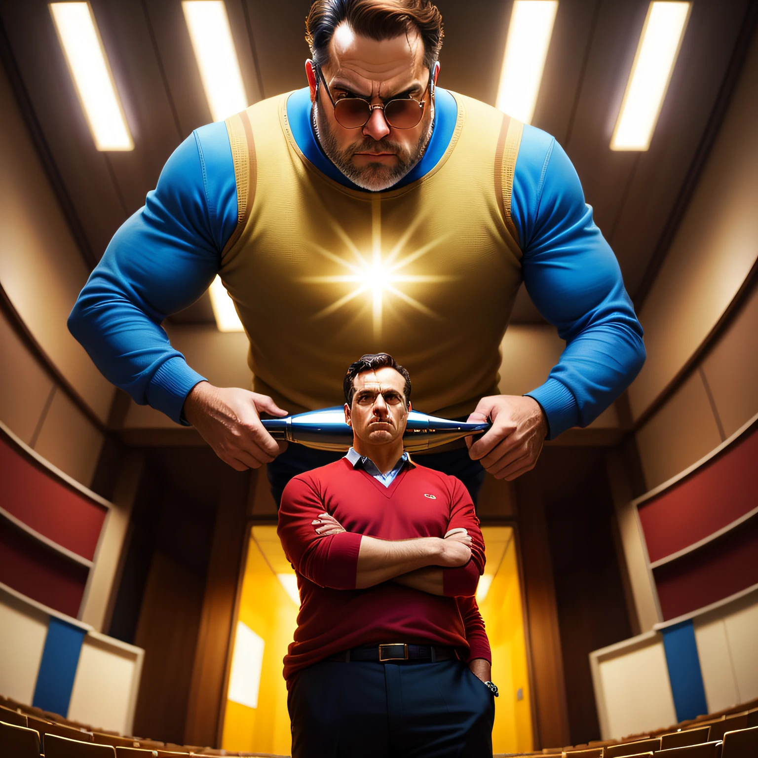 (pintura digital), (melhor qualidade), serious man, holding a trophy, Bottom view, The man is well dressed and demonstrates power; (cinematic lighthing) luz natural