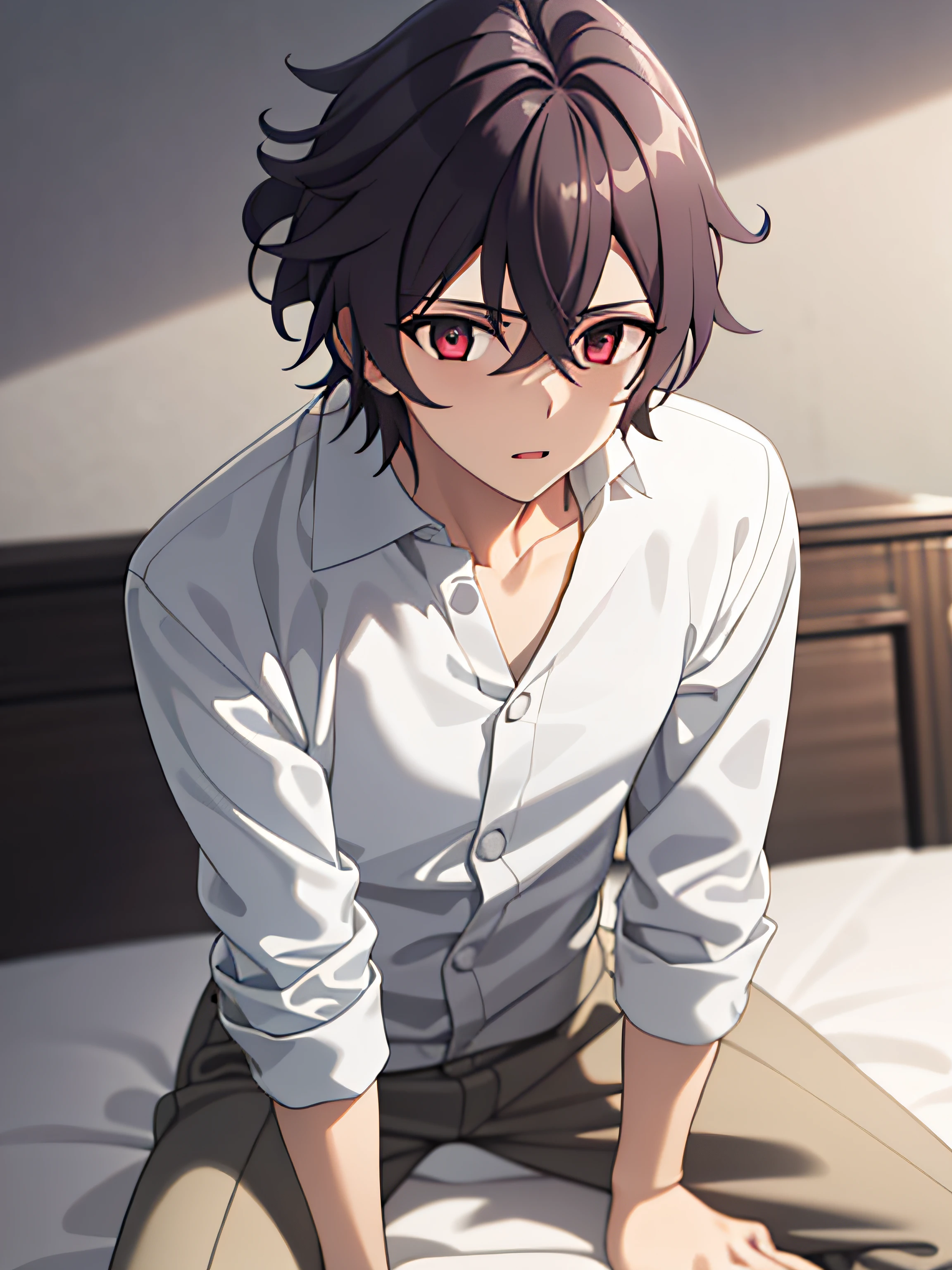 tmasterpiece, Best quality at best, high high quality, 1boy, 独奏, malefocus,The upper part of the body,Lie down in bed,,nigth,sobu,Bedrooms,