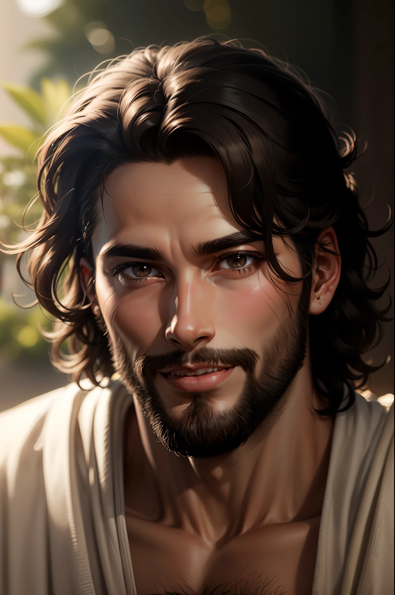 Jesus Christ, 33 years old, male, full eyes with detailed dark brown hair with detailed face and body, detailed skin, black eyes, black hair, jewish, happy, smiling, handsome, detailed, 3d, ultra realistic, high quality, 8k, anime style, short hair, nice smile on face, black eyes