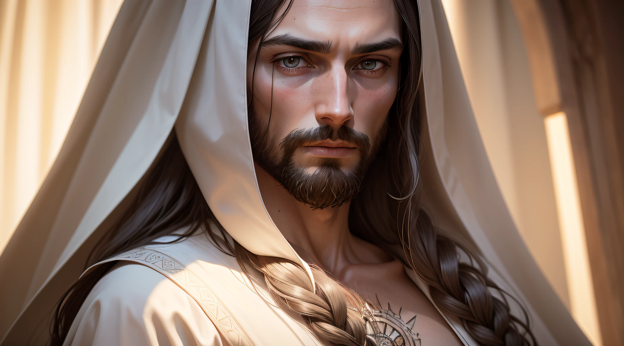(symmetry),centered,a ((close)) up portrait,(Jesus),a very thin white man with long hair and a beard,wearing a long white robe,35mm,natural skin,clothes  detail, 8k texture, 8k, insane details, intricate details, hyperdetailedhighly detailed,realistic,soft cinematic light,HDR,sharp focus, ((((cinematic look)))),intricate, elegant, highly detailed --auto