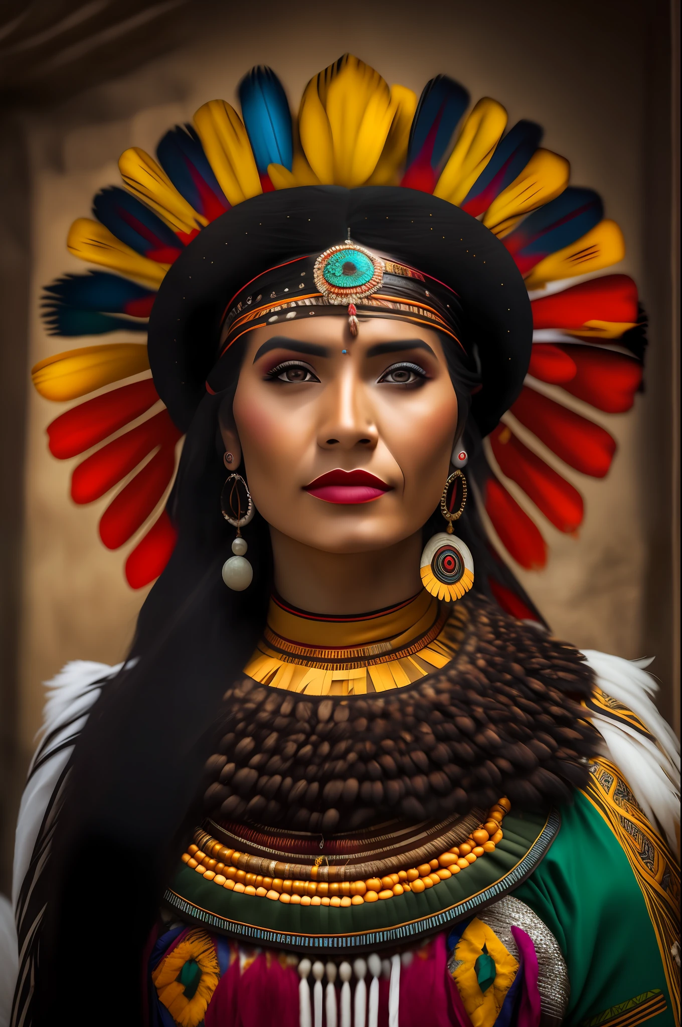 arafed woman in native dress with feathers and jewelry, aztec princess portrait, portrait of a woman warrior, native american, she is dressed in shaman clothes, portrait of pocahontas, beautiful young female shaman, portrait of a young pocahontas, a beautiful woman warrior, maya 8 k, indigenous, warrior woman, gorgeous woman, native american warrior