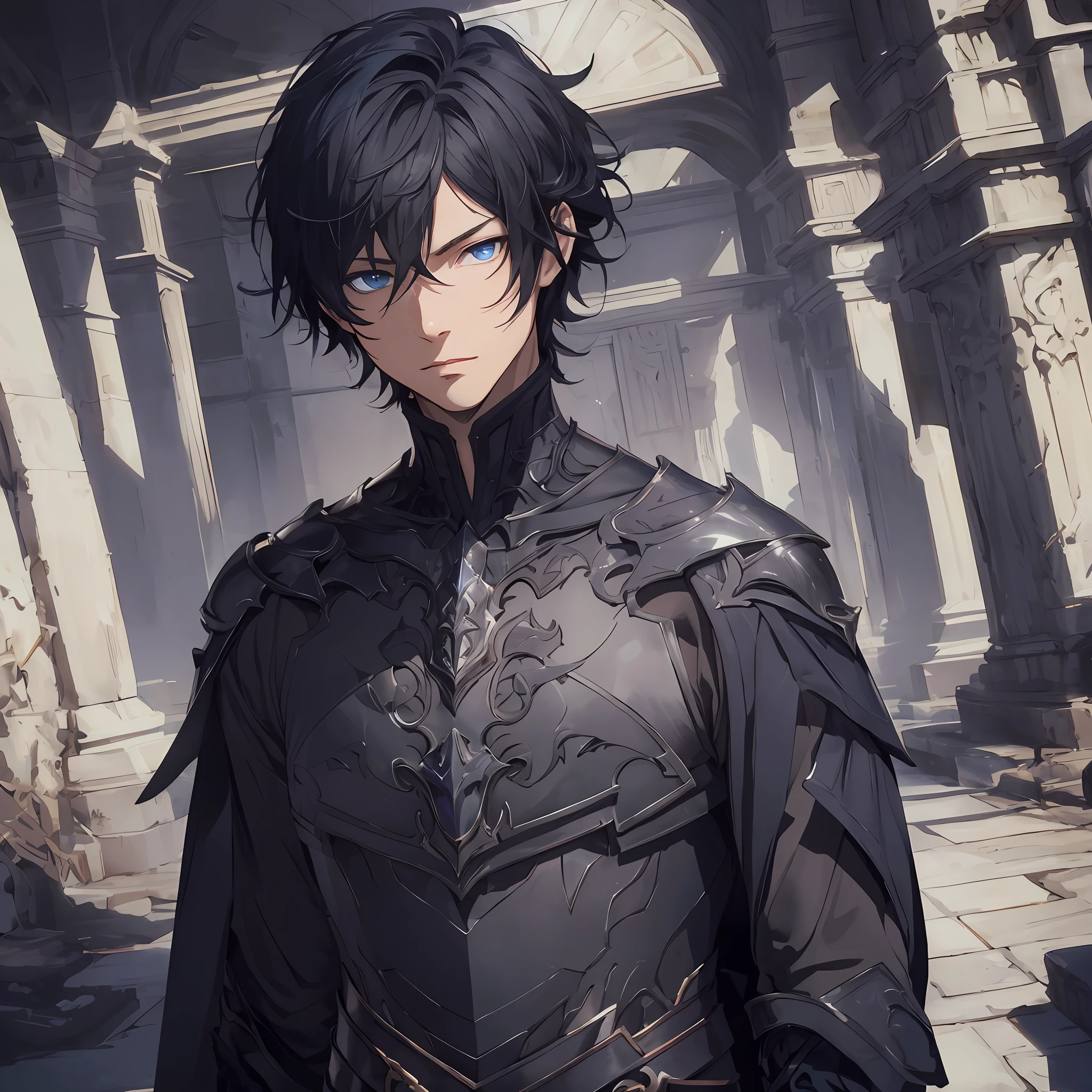 masterpiece, best quality, 1man, adult, male focus, solo, dark black hair, short hair, blue eyes, looking at viewer, closed mouth, Fantasy aesthetics, Highly detailed, shadowverse style, black metallic armor