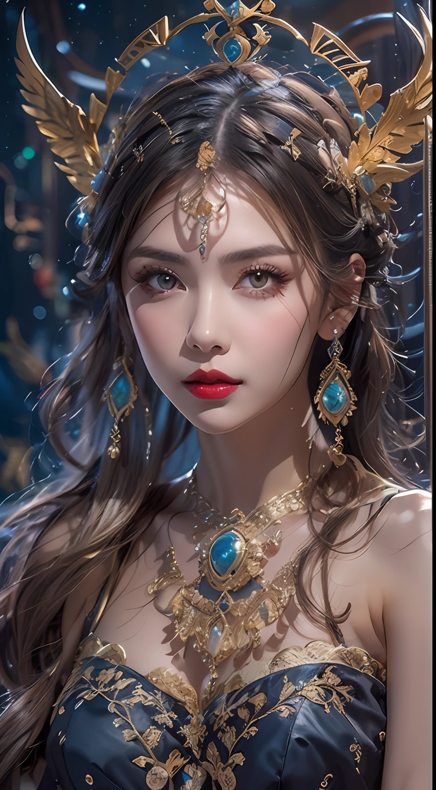 1 zodiac goddess from the future, wearing a thin silk dress, the goddess of the palace is beautiful, the goddess of the zodiac is wearing a colorful thin silk dress with sexy white and black lace trim, the goddess gives off a bow aura vibrant purple-pink zodiac, the stars have the shapes of the 12 zodiac, the goddess of the zodiac in a thin silk dress the golden zodiac with many black details, the mythical goddess of the 12 zodiac , zodiac ♏, royal zodiac style, dark and mysterious version, Full breasts, big and round breasts, well-proportioned and beautiful red lips, character by karol bak and pino daeni, intricate details, detailed background, many background objects, extremely detailed, magic light, a woman, long hair dyed in seven colors and neatly tied up, mold the face is clearly drawn without scars, the face is beautiful and the eyes are proportionate, the red lips are pretty and attractive, the eyes are big and round and the makeup is very beautiful and detailed, far focus, thin silk dress ,page hair jewelry, neck jewelry, dress jewelry, arm and thigh jewelry, goddess leg jewelry, mystical jewelry, zodiac goddess portrait, (upper body of zodiac goddess: 1.8), wings loose arms, sexy and seductive zodiac goddess, (space: 1.8), (galaxy: 1.7), aurora, lightning, (aurora background: 1.8 ), beautiful eyes, beautiful eyes photo , the goddess of beauty and flowers,
