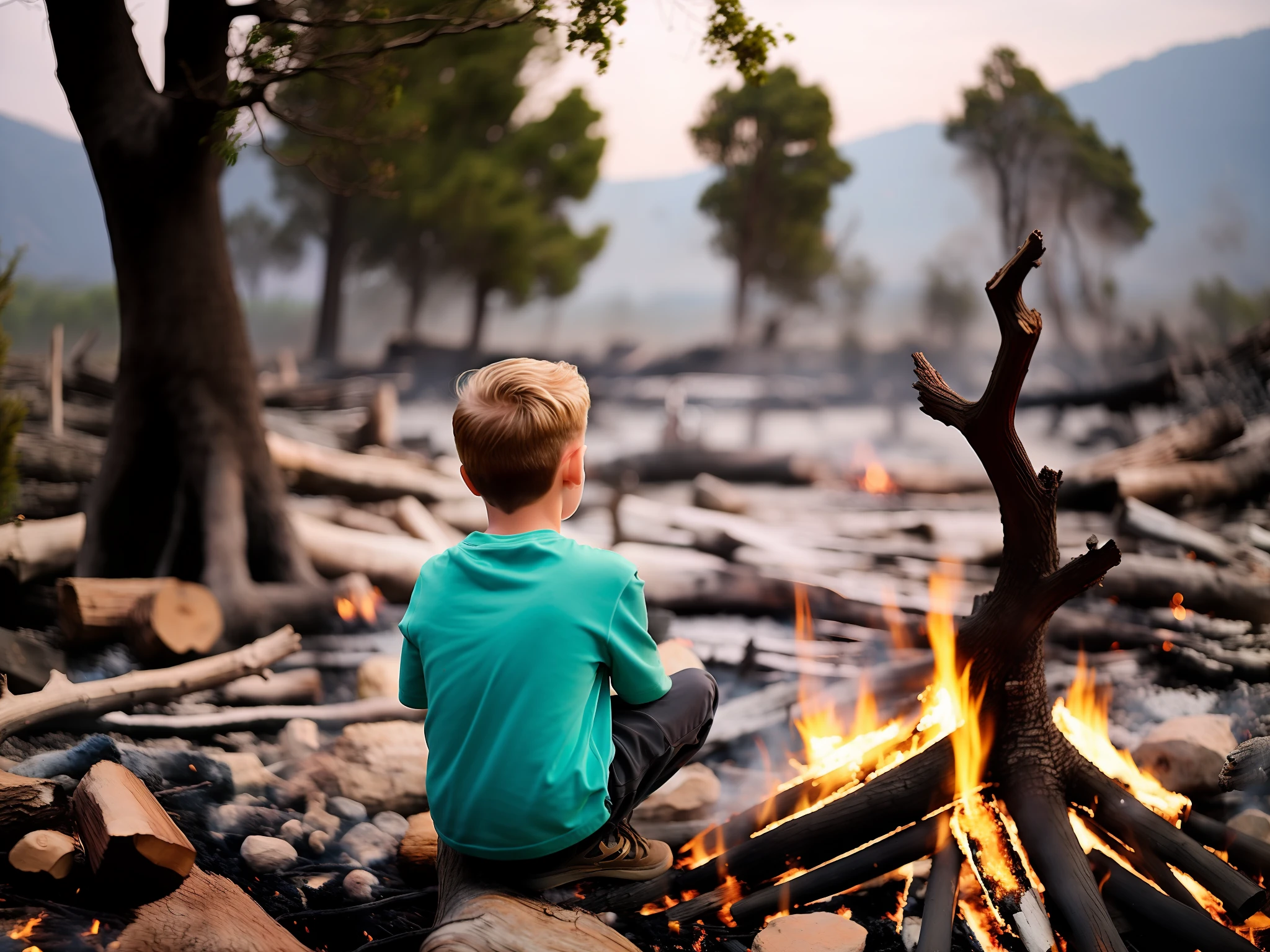 A boy sitting with a tree on fire in the background