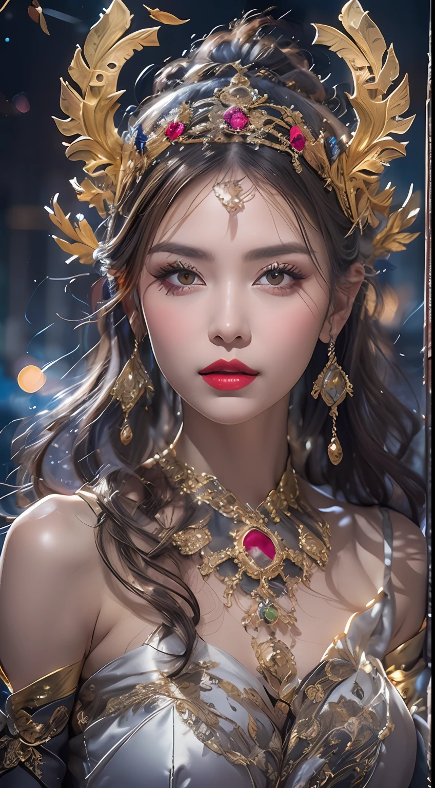 1 zodiac goddess from the future, wearing a thin silk dress, the goddess of the palace is beautiful, the goddess of the zodiac is wearing a colorful thin silk dress with sexy white and black lace trim, the goddess gives off a bow aura vibrant purple-pink zodiac, the stars have the shapes of the 12 zodiac, the goddess of the zodiac in a thin silk dress the golden zodiac with many black details, the mythical goddess of the 12 zodiac , zodiac ♏, royal zodiac style, dark and mysterious version, Full breasts, big and round breasts, well-proportioned and beautiful red lips, character by karol bak and pino daeni, intricate details, detailed background, many background objects, extremely detailed, magic light, a woman, long hair dyed in seven colors and neatly tied up, mold the face is clearly drawn without scars, the face is beautiful and the eyes are proportionate, the red lips are pretty and attractive, the eyes are big and round and the makeup is very beautiful and detailed, far focus, thin silk dress ,page hair jewelry, neck jewelry, dress jewelry, arm and thigh jewelry, goddess leg jewelry, mystical jewelry, zodiac goddess portrait, (upper body of zodiac goddess: 1.8), wings loose arms, sexy and seductive zodiac goddess, (space: 1.8), (galaxy: 1.7), aurora, lightning, (aurora background: 1.8 ), beautiful eyes, beautiful eyes photo , the goddess of beauty and flowers,