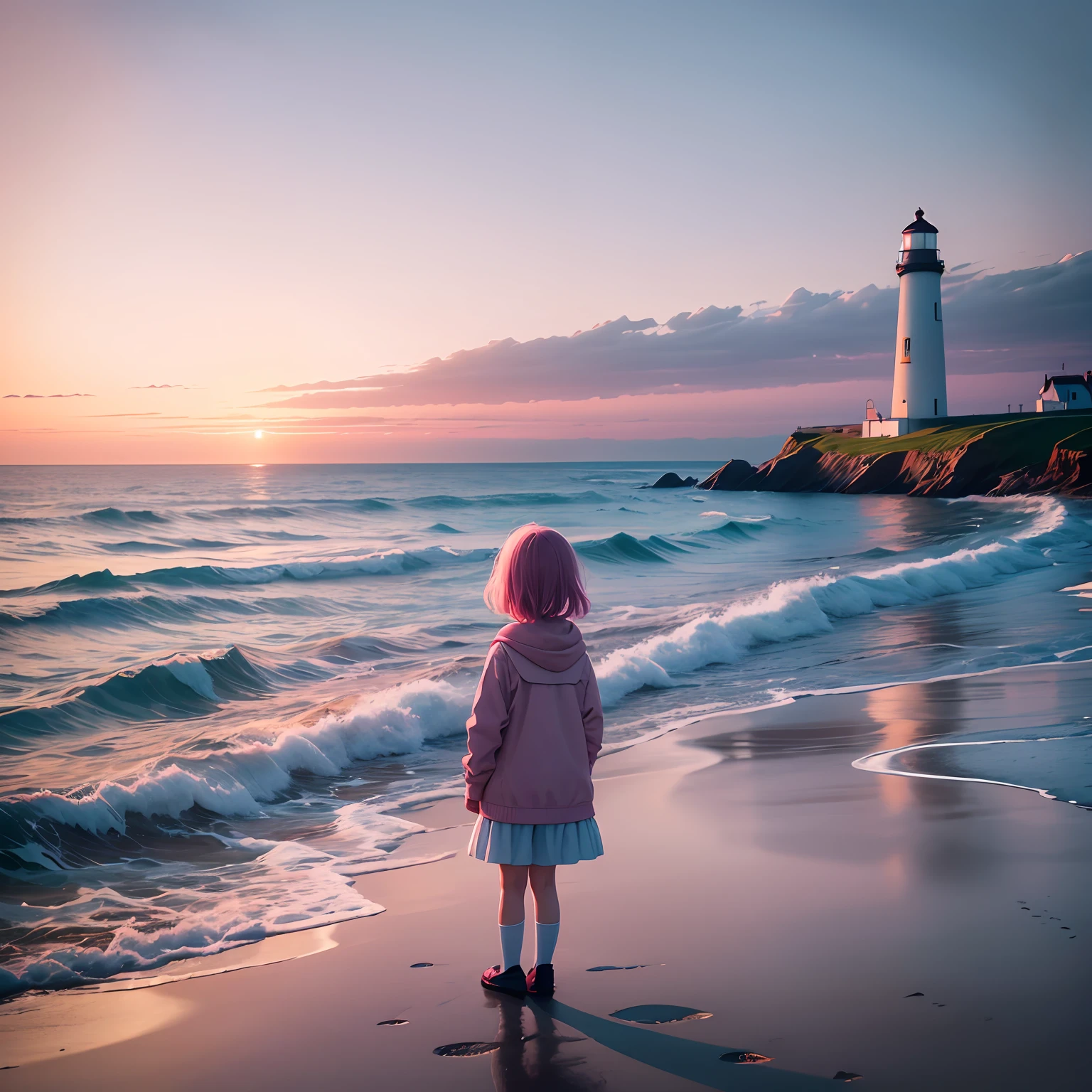 A little girl stands by the sea looking at the lighthouse in the distance,There is a white sailboat in the sea,The sea water is pink --auto
